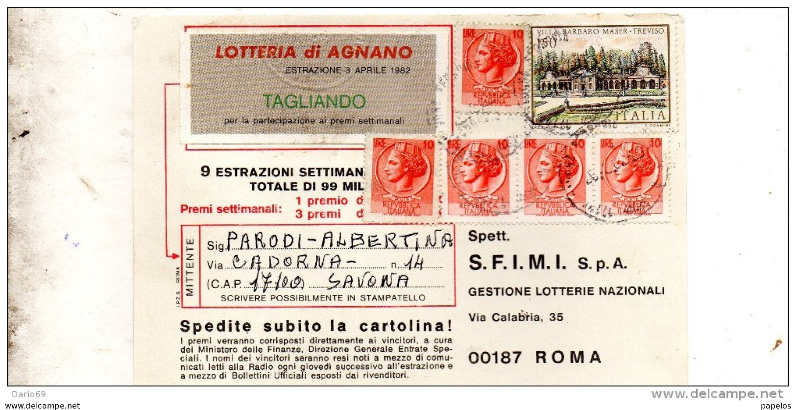 1982 CARTOLINA CON ANNULLO SAVONA - 1981-90: Marcophilie