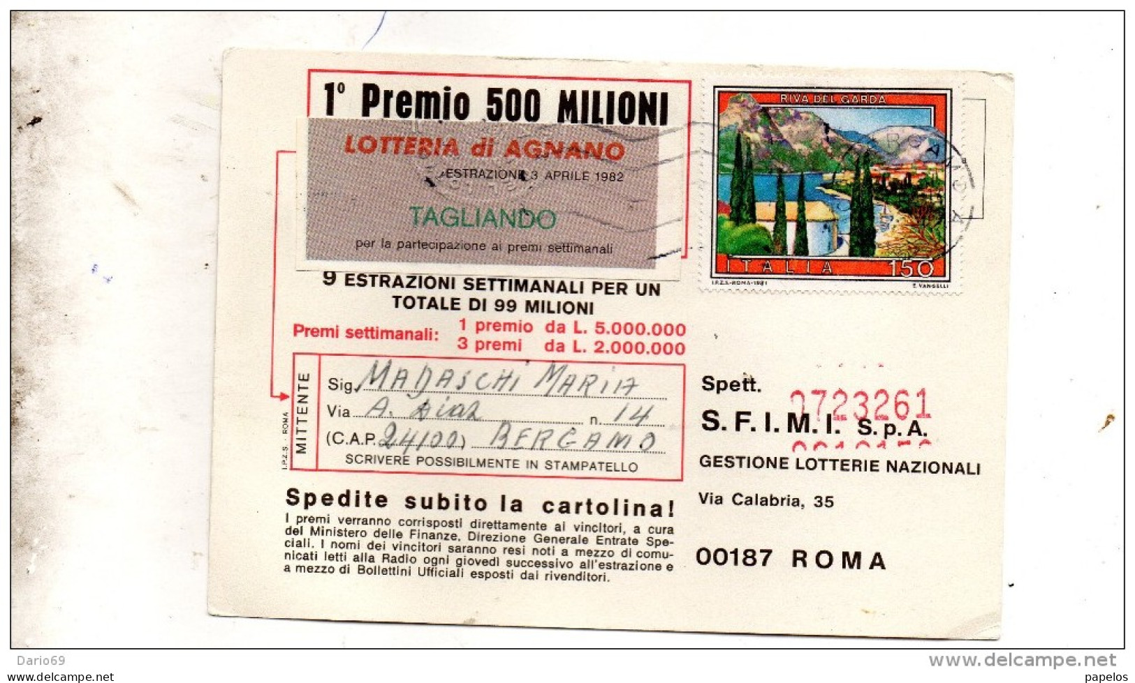 1982 CARTOLINA CON ANNULLO BERGAMO - 1981-90: Marcophilie