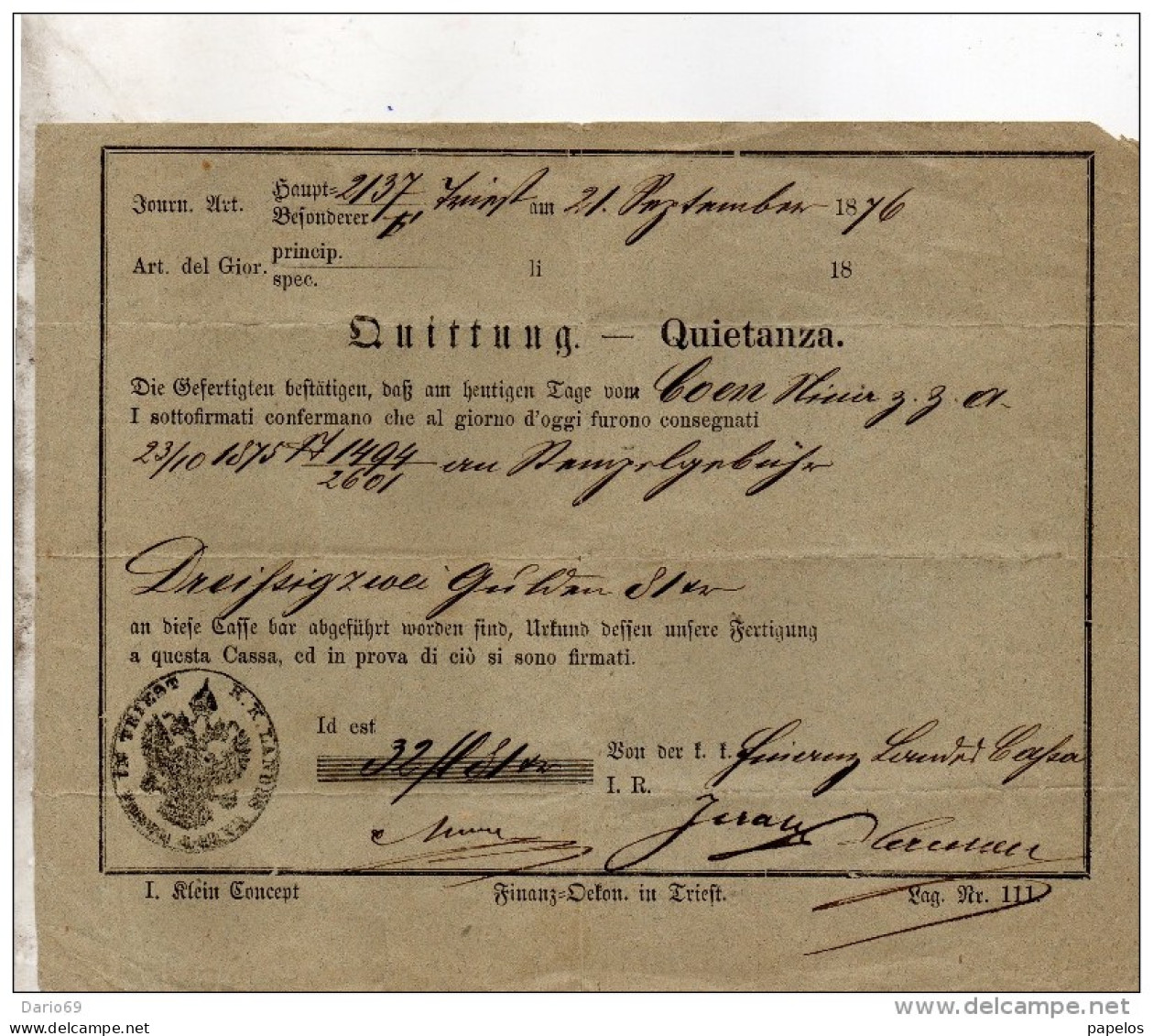 1876 QUIETANZA - Lettres De Change