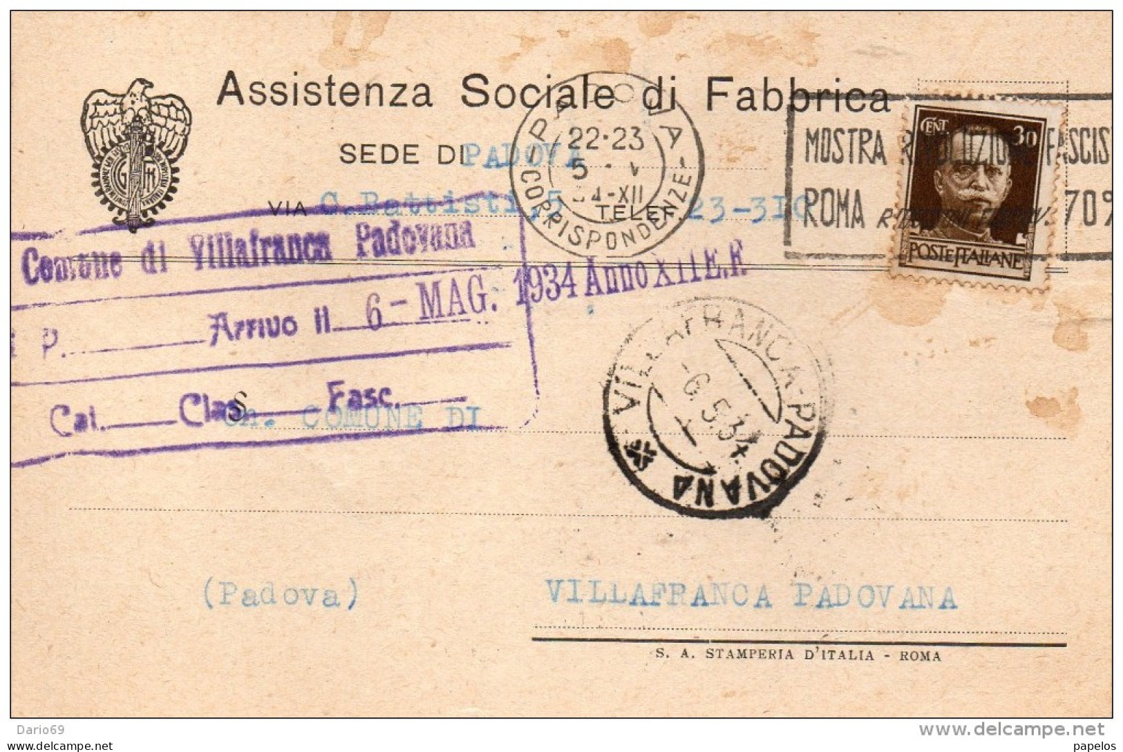 1934 CARTOLINA INTESTATA ASSISTENZA SOCIALE DI FABBRICA CON ANNULLO PADOVA - Storia Postale
