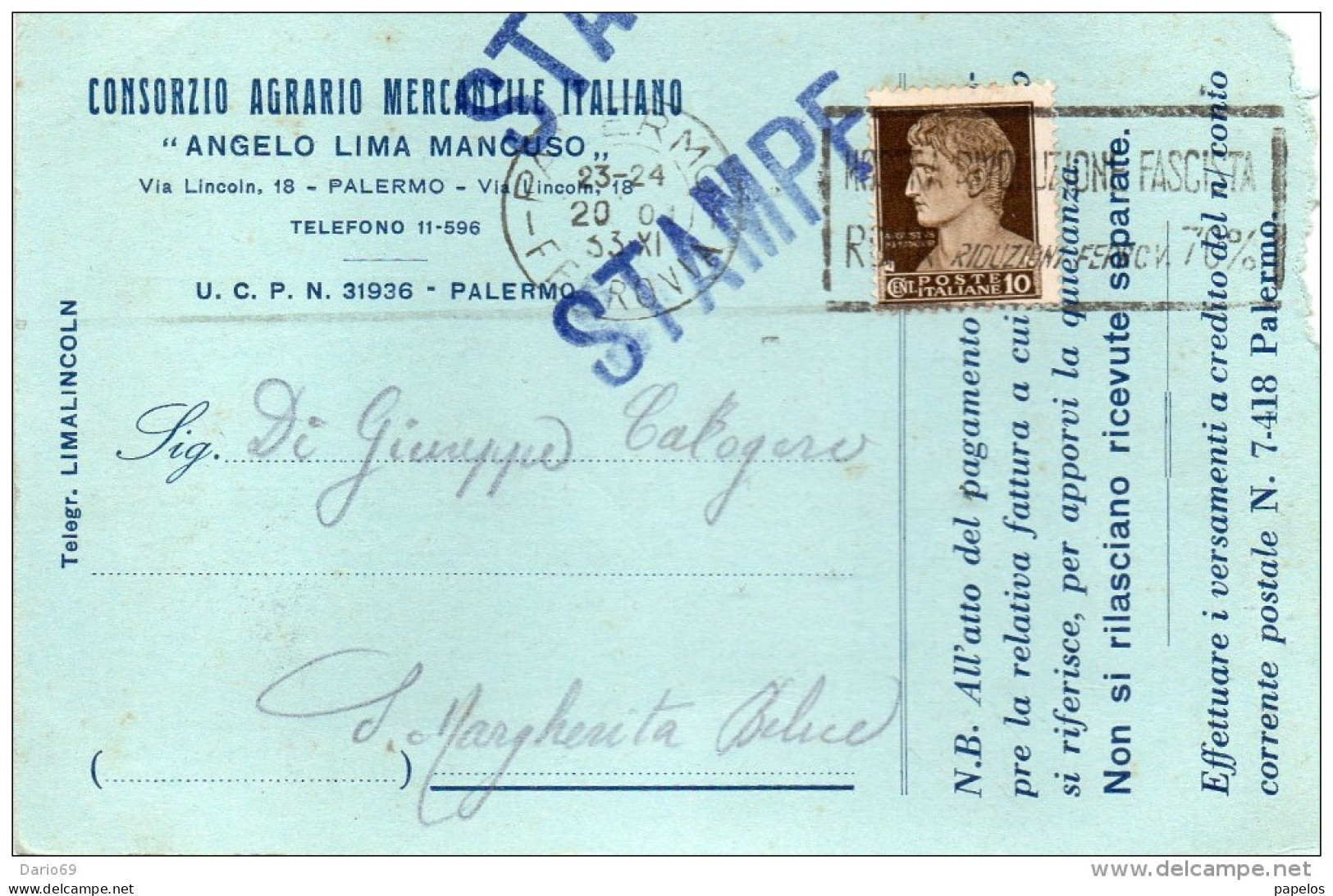 1933 CARTOLINA INTESTATA CONSORZIO AGRARIO CON ANNULLO PALERMO - Storia Postale
