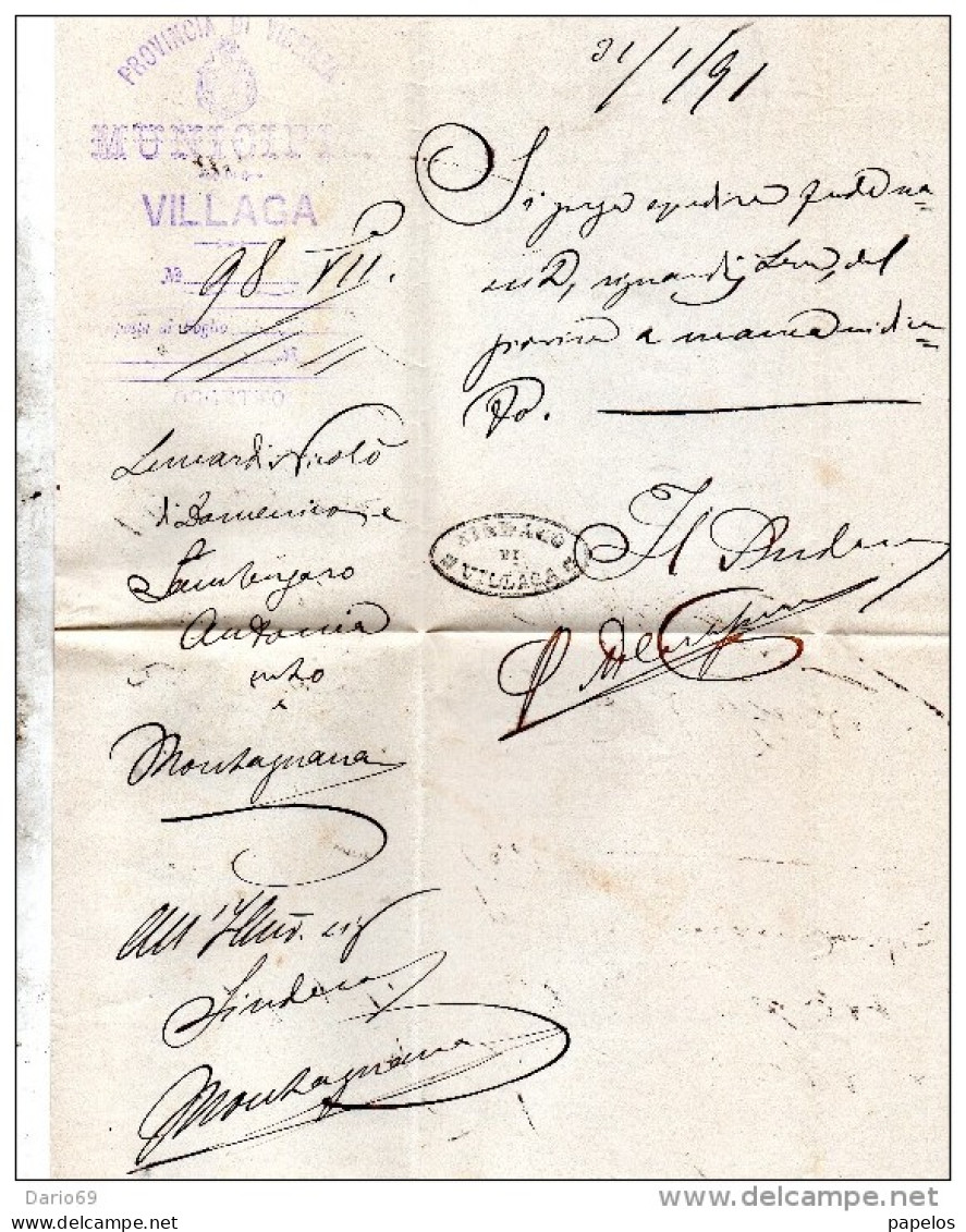 1891   LETTERA CON ANNULLO BARBARANO VICENZA + VILLAGA + MONTAGNANA - Poststempel