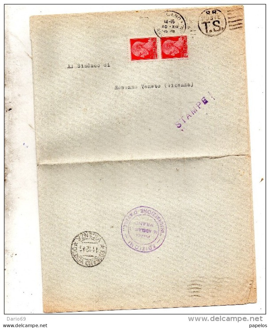 1945  LETTERA CON ANNULLO MILANO T.S. + ROSSANO VENETO VICENZA - Marcophilie