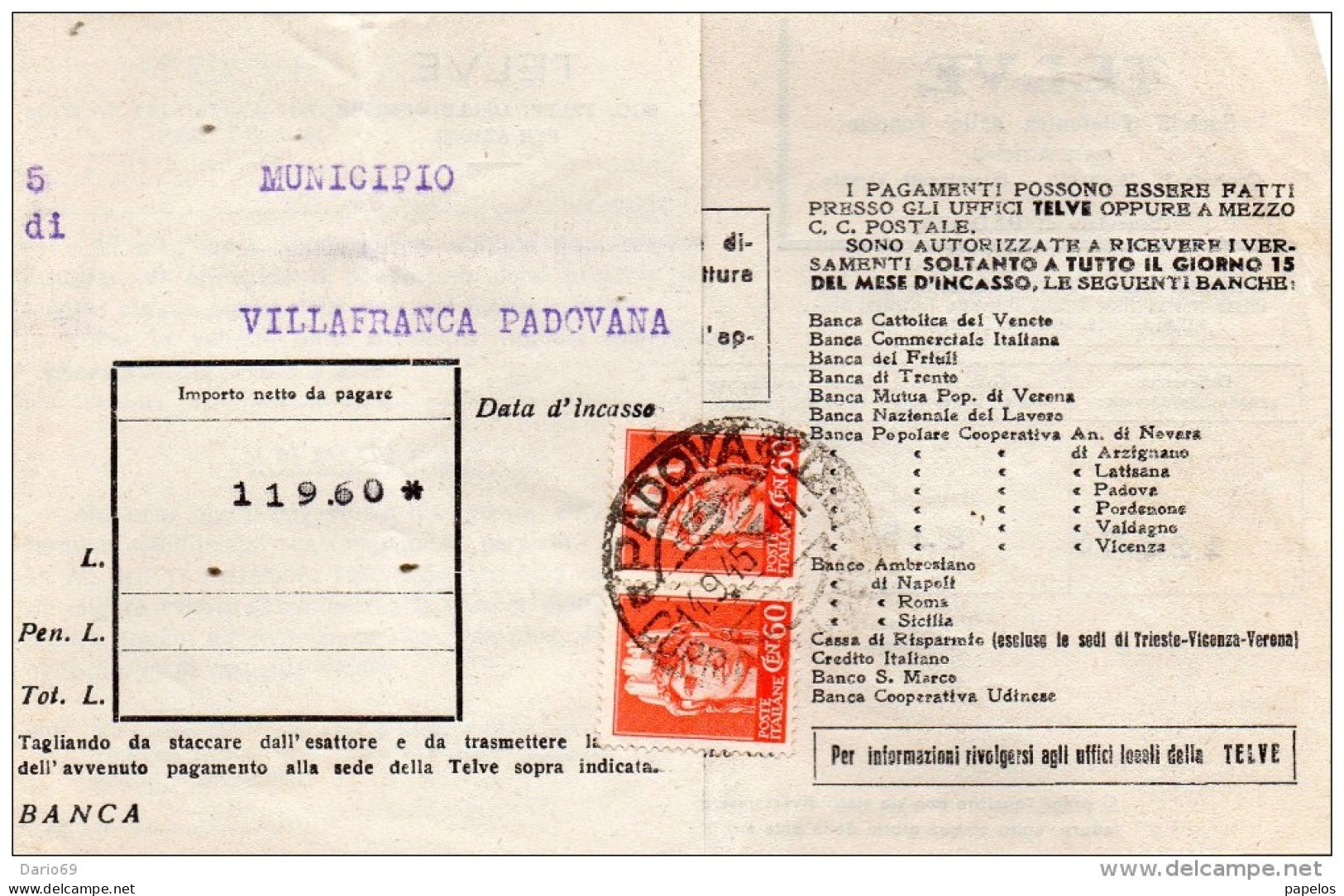 1945 RICEVUTA DI PAGAMENTO CON ANNULLO  PADOVA - Marcophilia