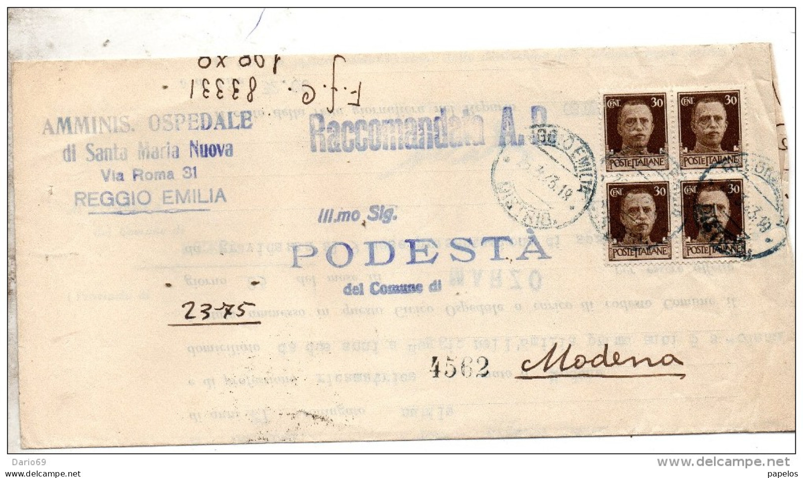 1943 LETTERA RACCOMANDATA CON ANNULLO REGGIO EMILIA - Storia Postale
