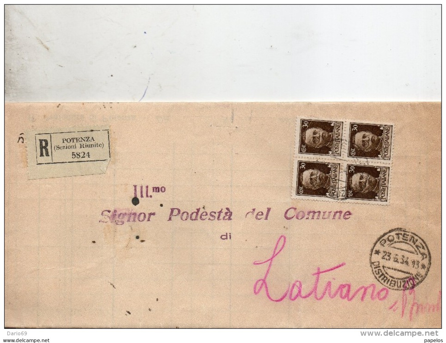 1934 LETTERA RACCOMANDATA CON ANNULLO POTENZA - Storia Postale