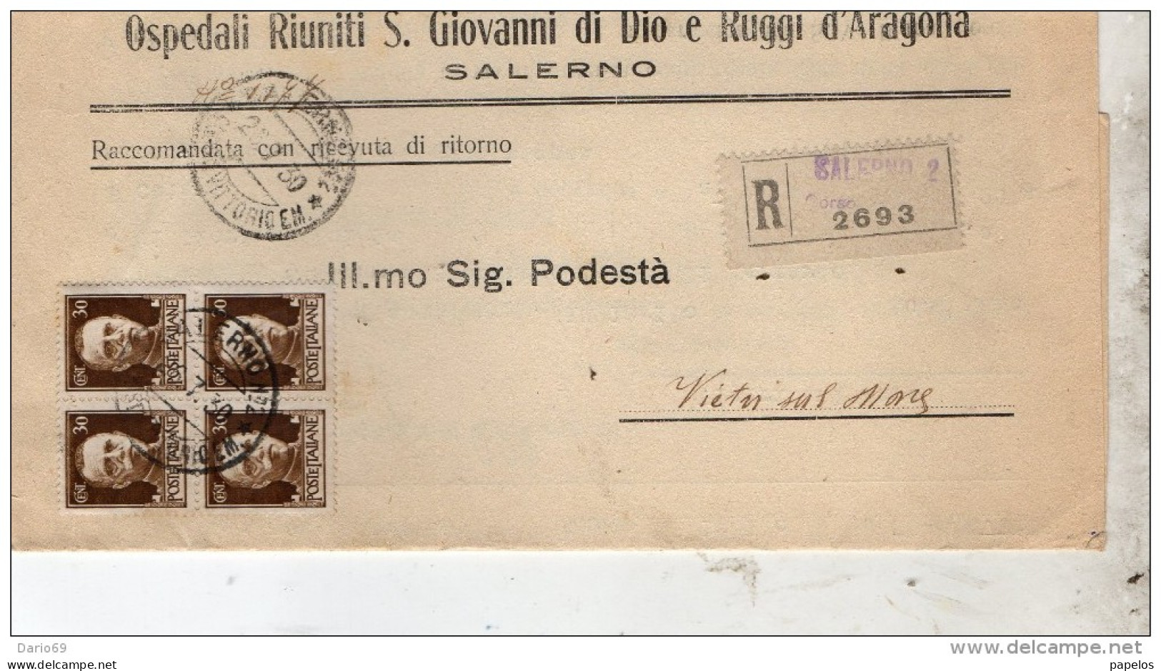 1930 LETTERA RACCOMANDATA CON ANNULLO SALERNO - Storia Postale