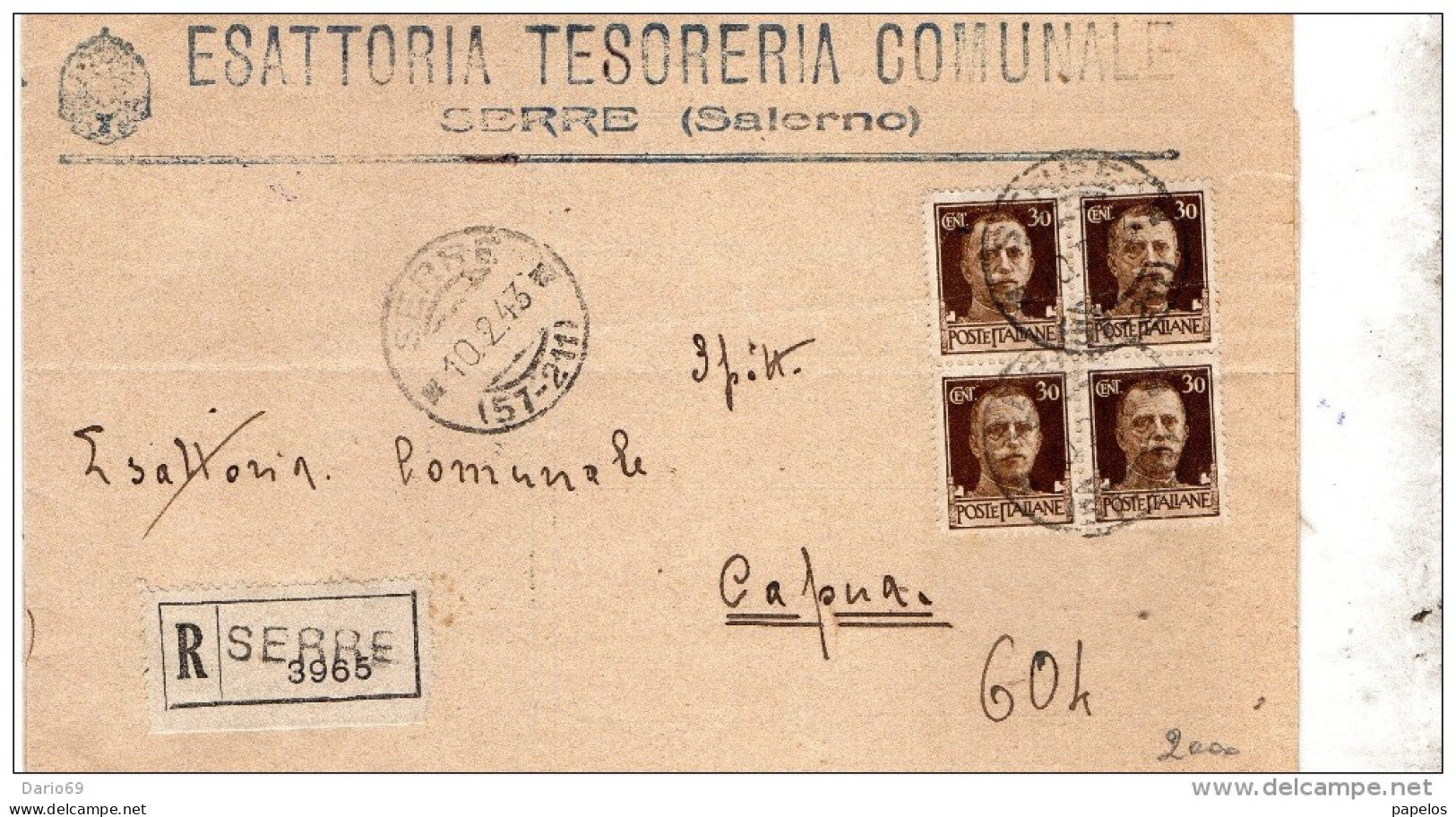 1943 LETTERA RACCOMANDATA CON ANNULLO SERRE SALERNO - Storia Postale