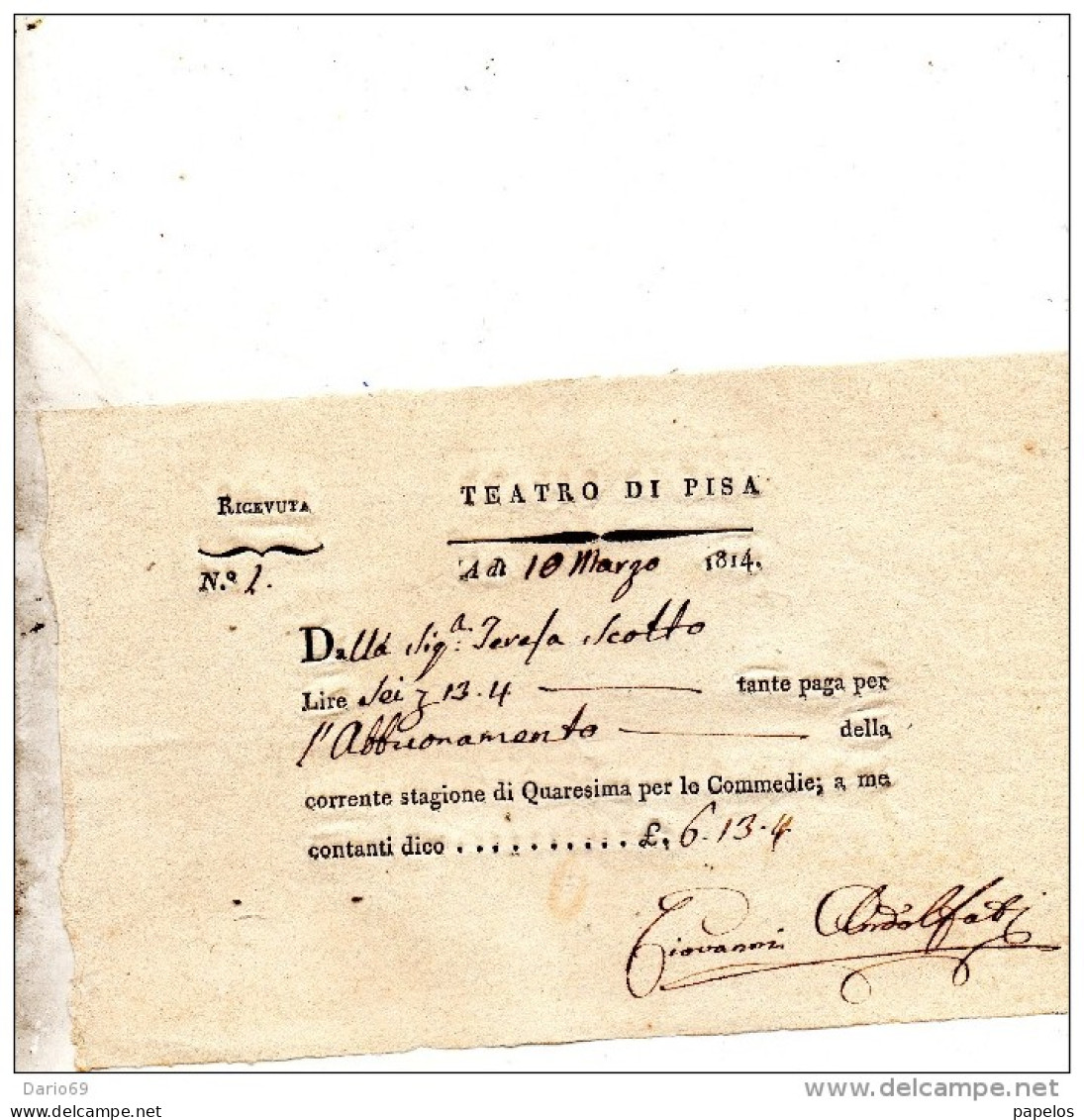 1814 TEATRO  DI PISA - Tickets - Vouchers