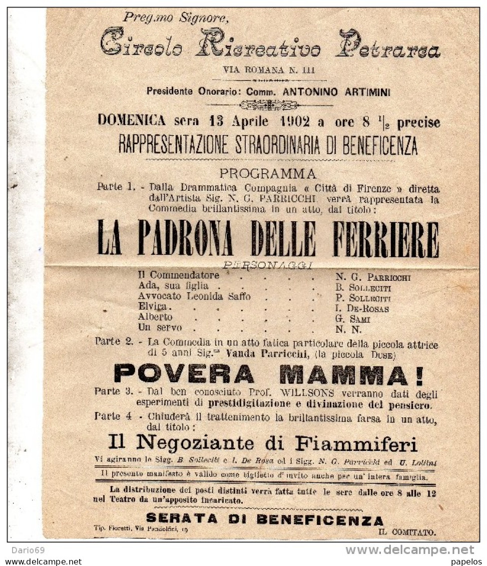 1902 CIRCOLO RICREATIVI PETRARCA - Manifesti