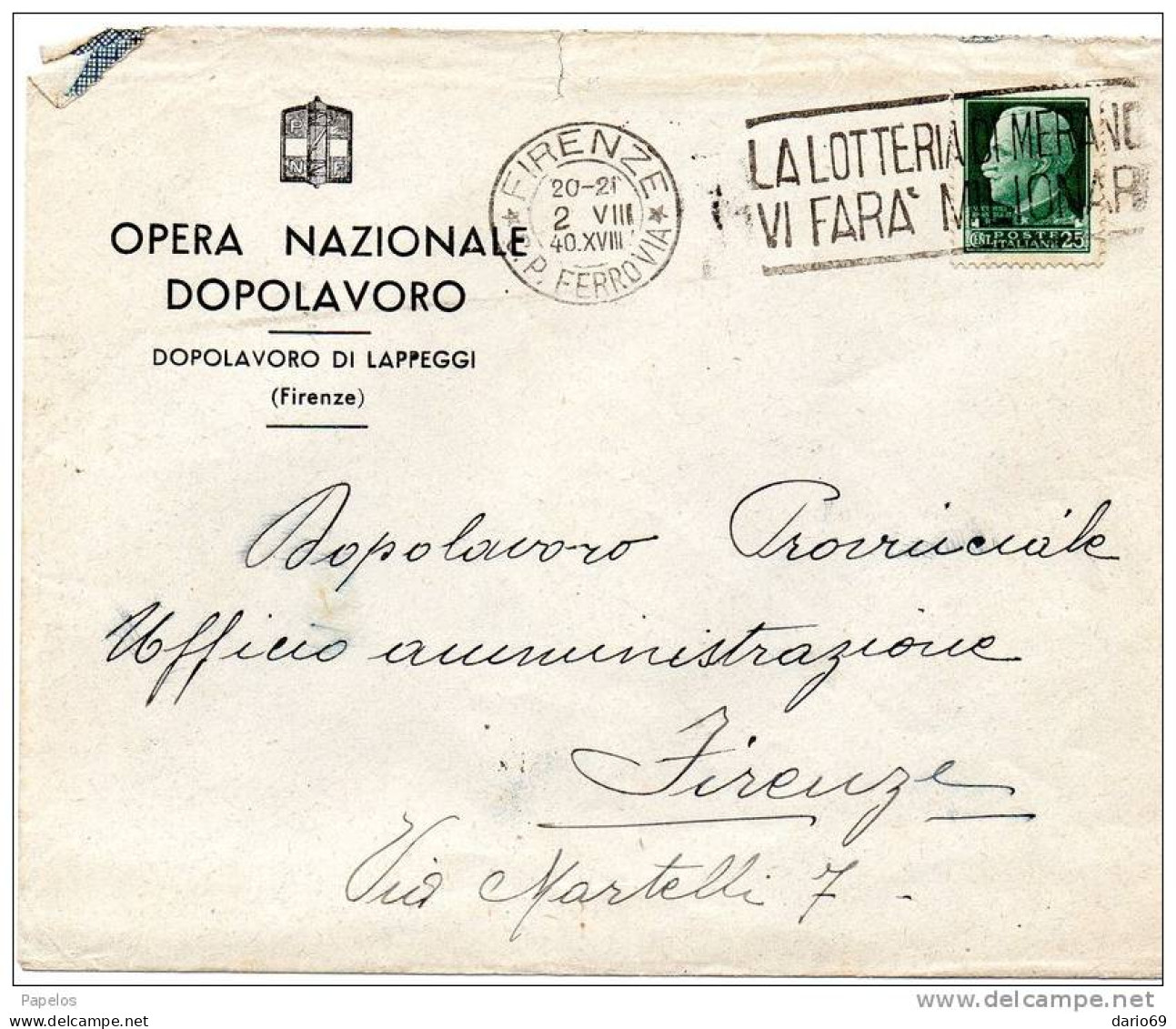 1940  LETTERA  CON ANNULLO OPERA NAZIONALE DOPOLAVORO  + TARGHETTA - Storia Postale