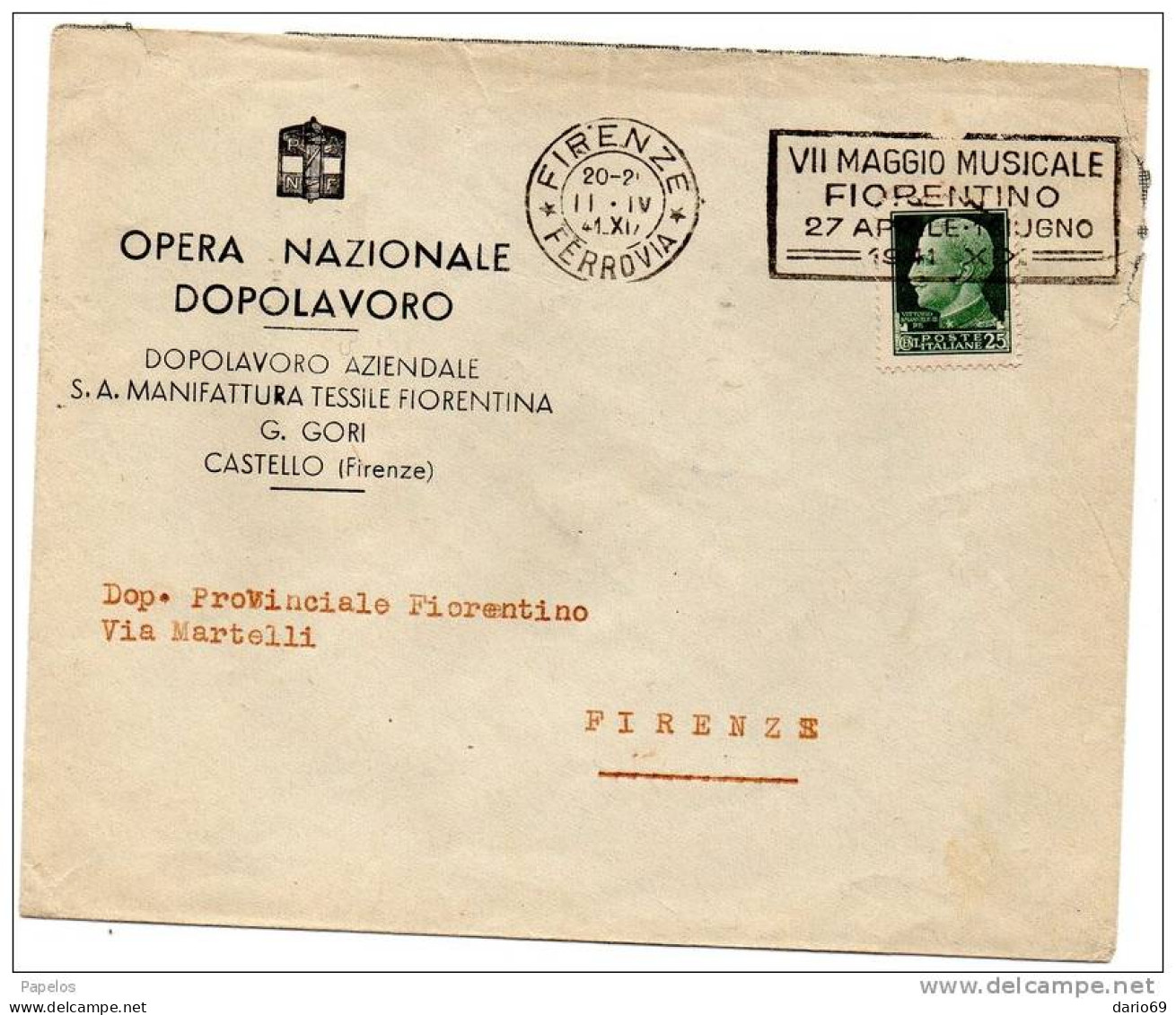 1941  LETTERA  CON ANNULLO OPERA NAZIONALE DOPOLAVORO  + TARGHETTA - Storia Postale