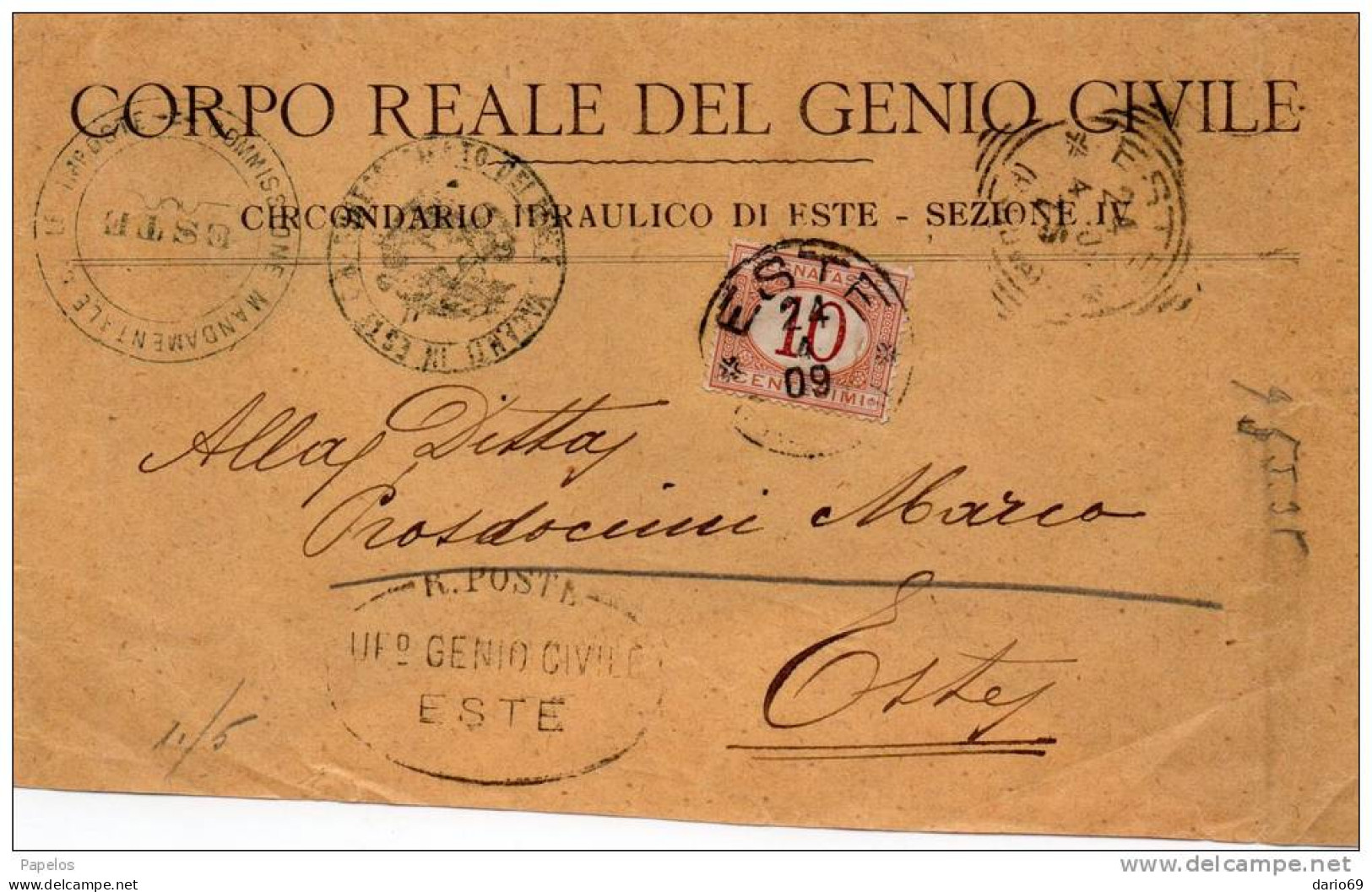 1909 LETTERA INTESTATA  CORPO REALE DEL GENIO CIVILE CON ANNULLO ESTE - Marcofilía