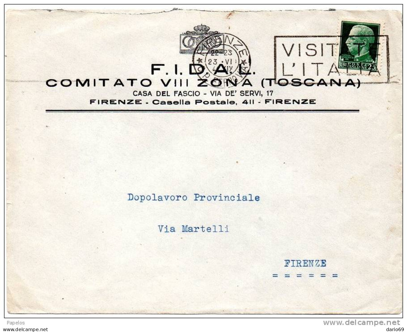 1940  LETTERA  CON ANNULLO FIRENZE CASA DEL FASCIO - Storia Postale