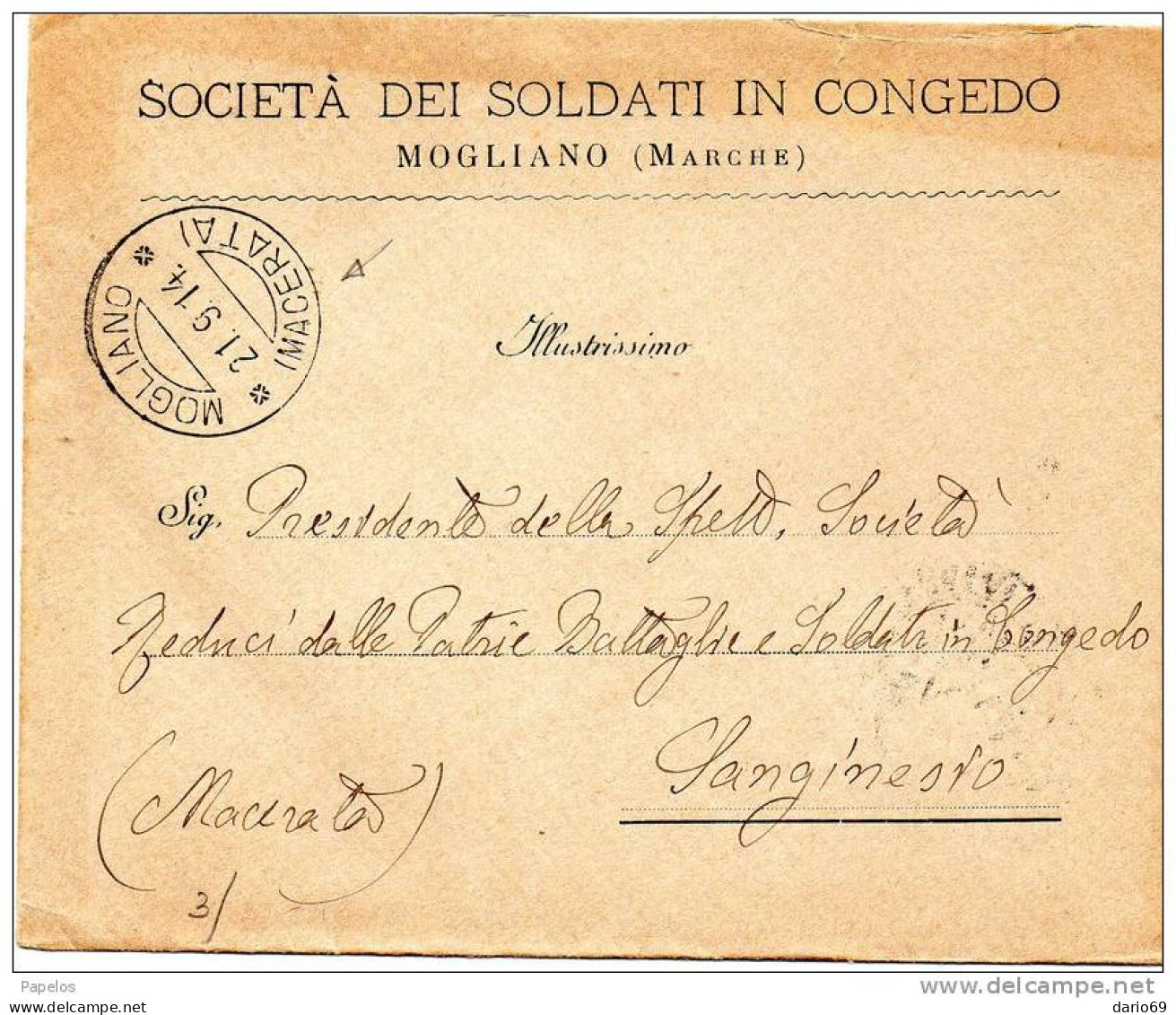 1914 LETTERA  INTESTATA SOCIETÀ DEI SOLDATI IN CONCEDO ' CON ANNULLO MOGLIANO MACERATA - Storia Postale