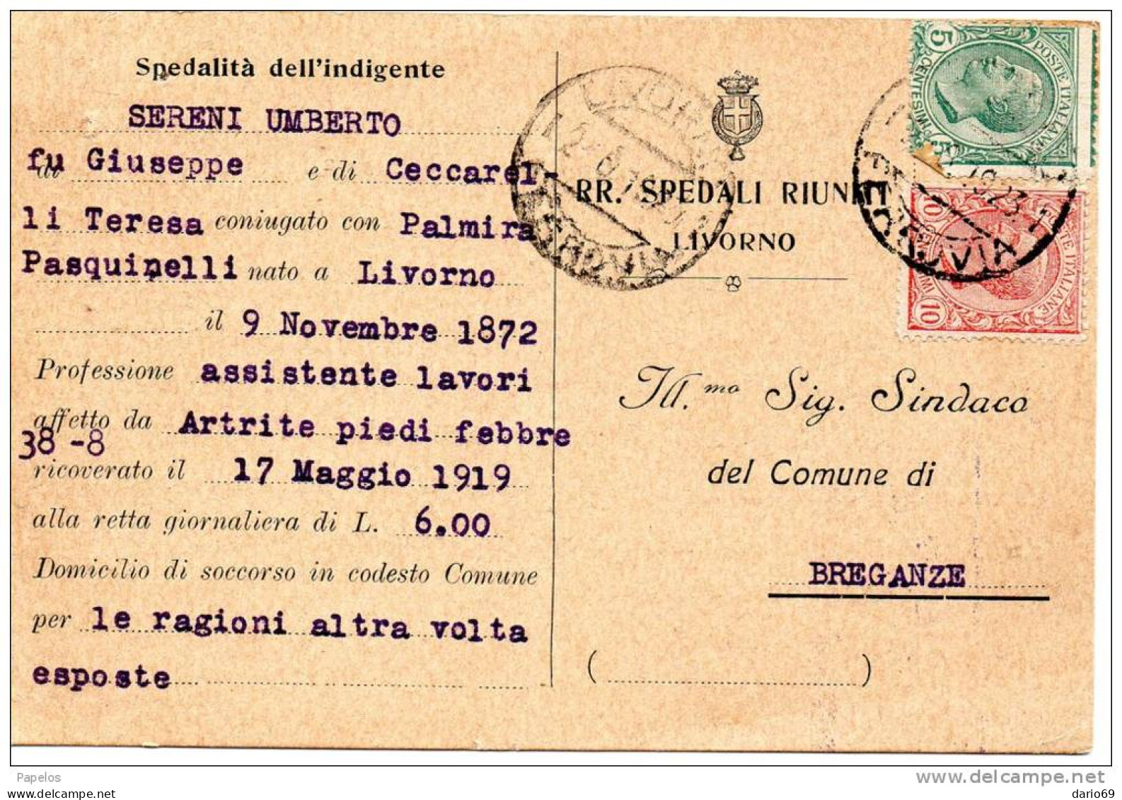 1919 CARTOLINA CON ANNULLO LIVORNO - Storia Postale