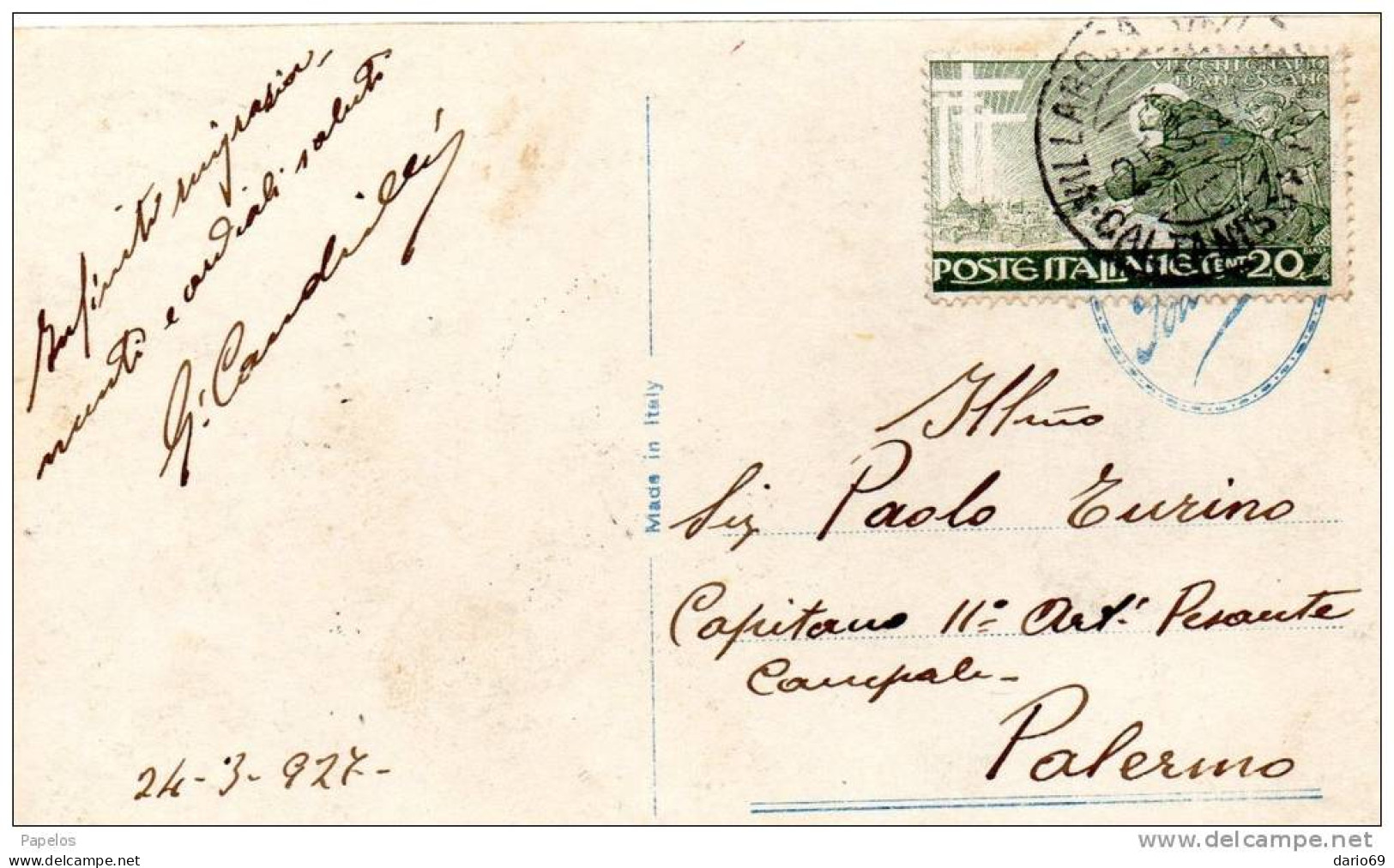 1927  CARTOLINA CON ANNULLO CALTANISETTA - Storia Postale