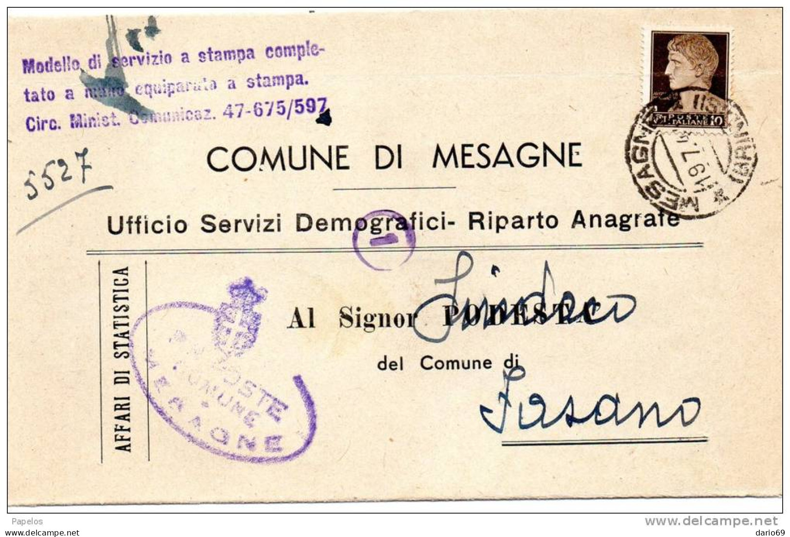 1944 LETTERA   CON ANNULLO MESAGNE BRINDISI - Storia Postale