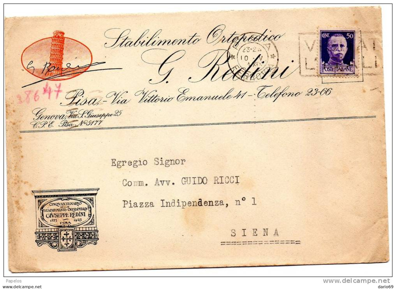 1941  LETTERA  INTESTATA   CON ANNULLO PISA - Storia Postale