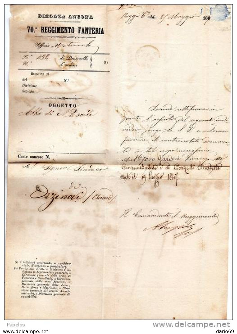 1870 LETTERA CON ANNULLO REGGIO + 70° REGGIMENTO FANTERIA BRIGATA ANCONA - Storia Postale