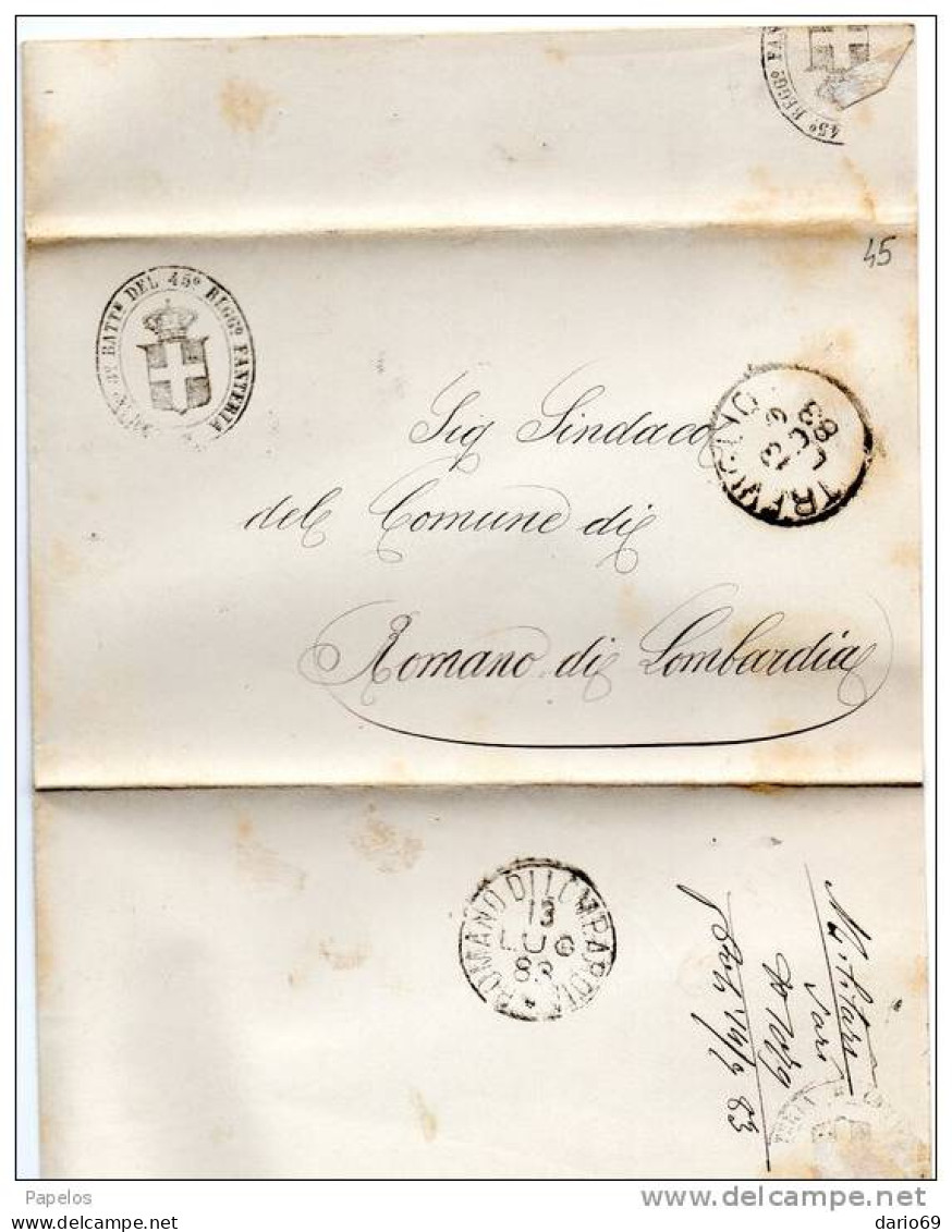 1883  LETTERA CON ANNULLO TREVIGLIO  + ROMANO DI LOMBARDIA - 45° REGGIMENTO FANTERIA BRIGATA  REGGIO - Storia Postale