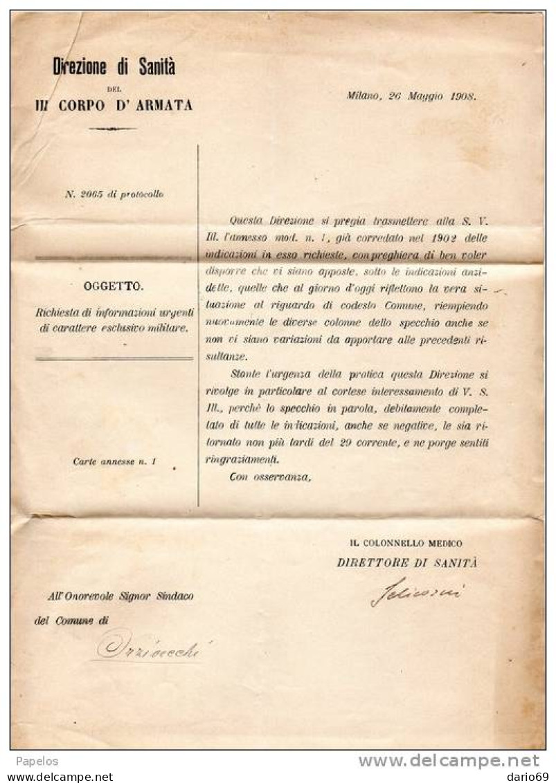 1908 LETTERA  CON ANNULLO MILANO + DIREZIONE DI SANITÀ   MILITARE - Portofreiheit