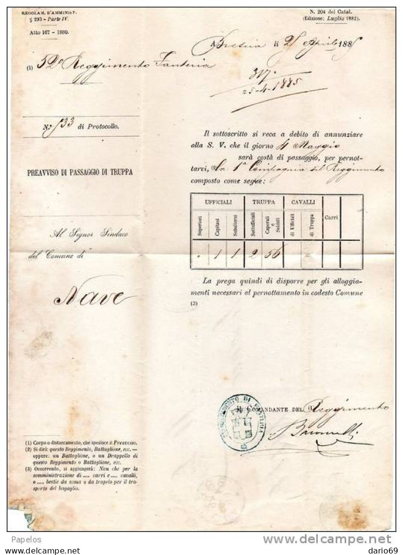 1885  LETTERA  CON ANNULLO BRESCIA - 52° REGGIMENTO FANTERIA - Storia Postale