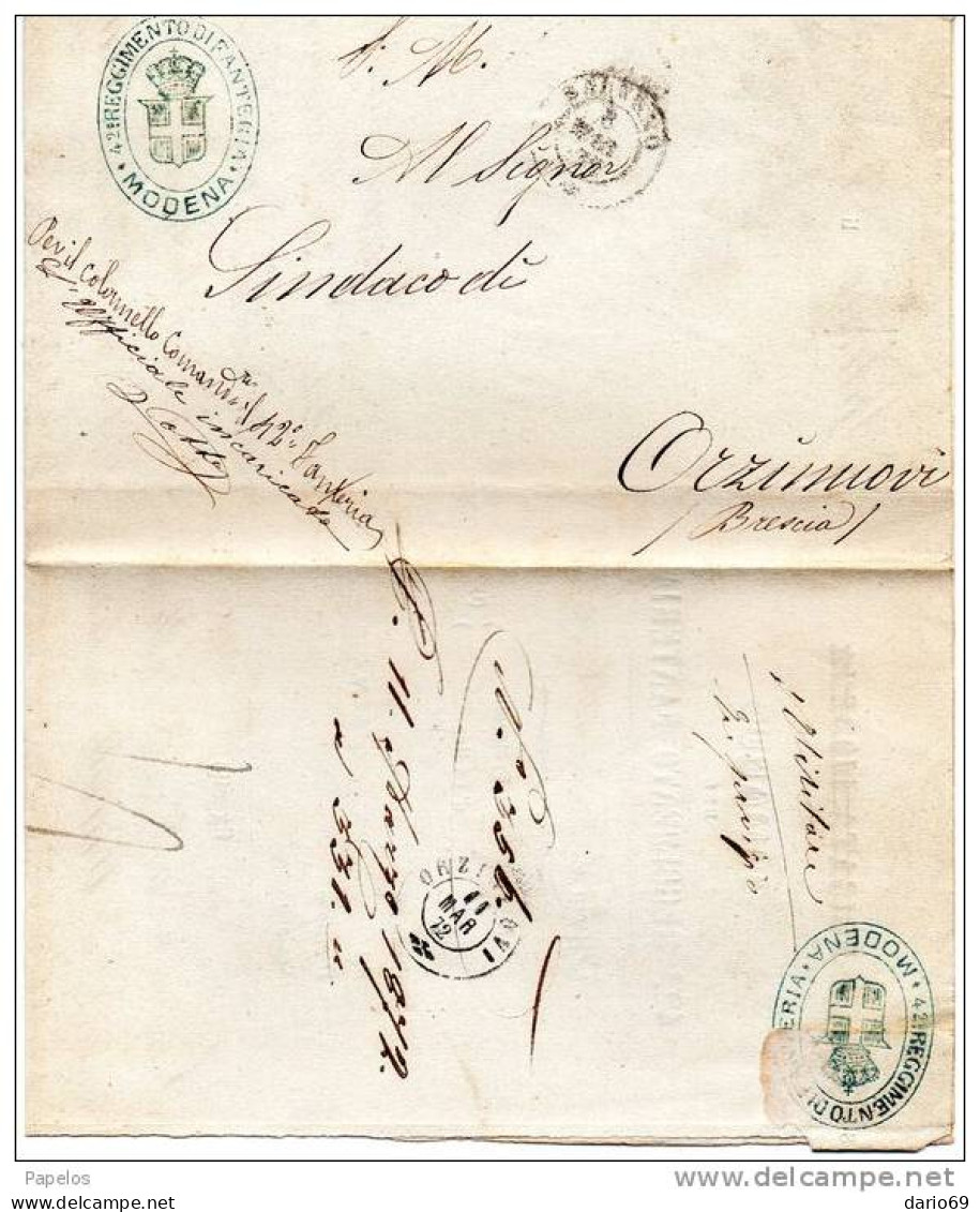 1872 LETTERA CON ANNULLO SALERNO   + COMANDO  42 REGGIMENTO FANTERIA - Dienstmarken