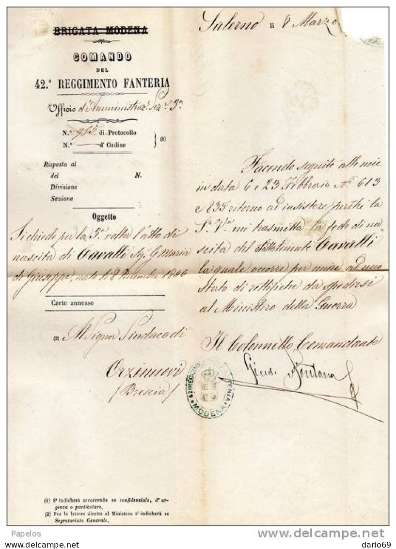 1872 LETTERA CON ANNULLO SALERNO   + COMANDO  42 REGGIMENTO FANTERIA - Dienstzegels