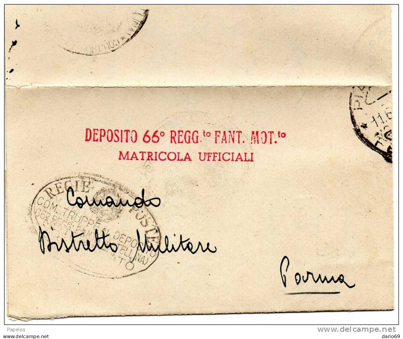 1942 LETTERA CON ANNULLO PIACENZA  DEPOSITO 66° REGGIMENTO FANTERIA - Storia Postale