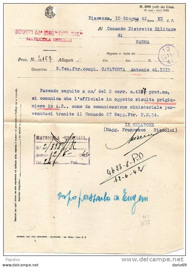 1942 LETTERA CON ANNULLO PIACENZA  DEPOSITO 66° REGGIMENTO FANTERIA - Storia Postale