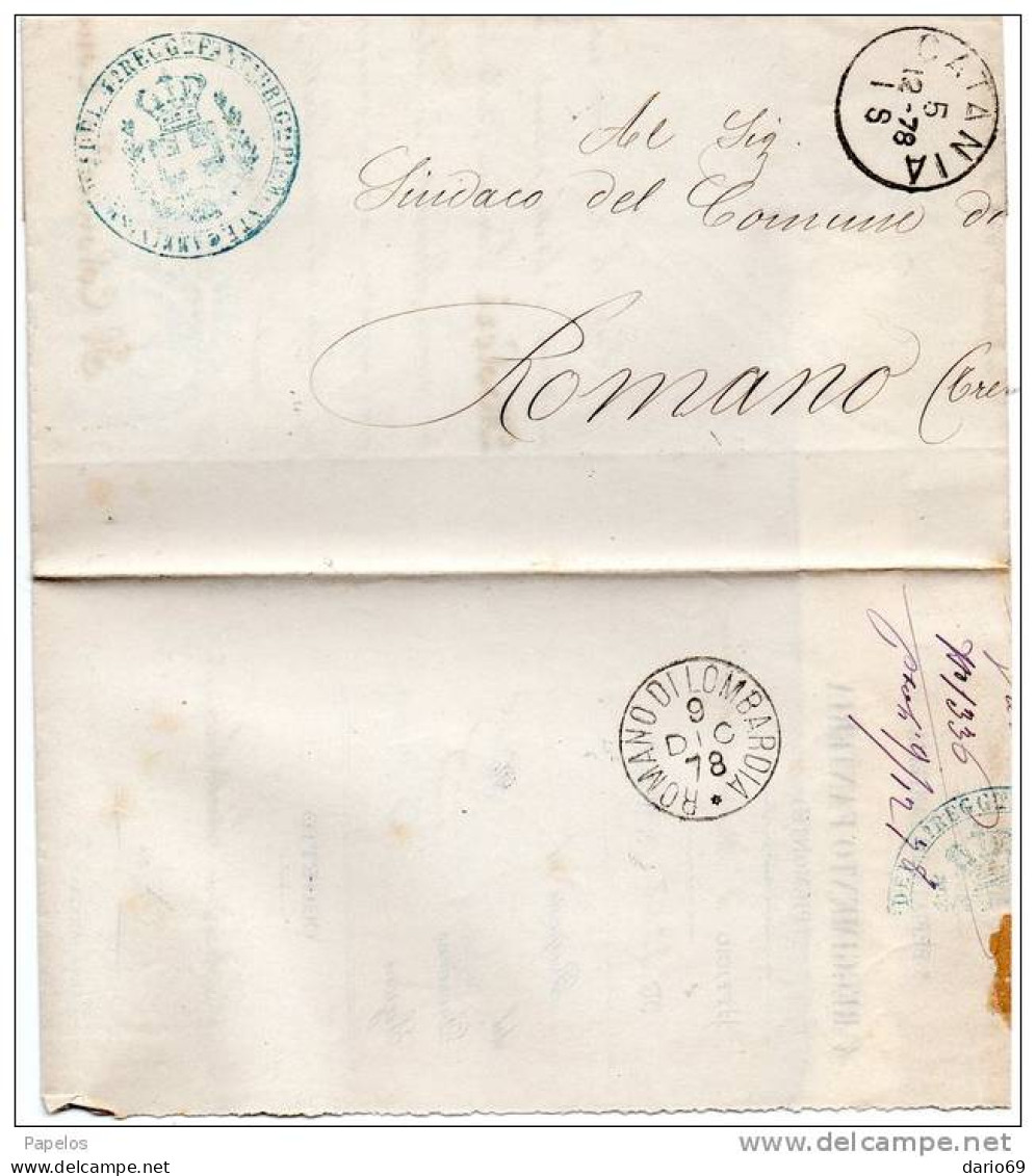 1878 LETTERA CON ANNULLO CATANIA  +  ROMANO DI LOMBARDIA + 4 REGGIMENTO . FANTERIA BRIGATA PIEMONTE - Marcophilia