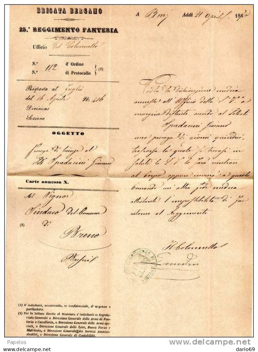1870 LETTERA CON ANNULLO BARI  X BRENO + 25 REG. FANTERIA BRIGATA BERGAMO - Storia Postale