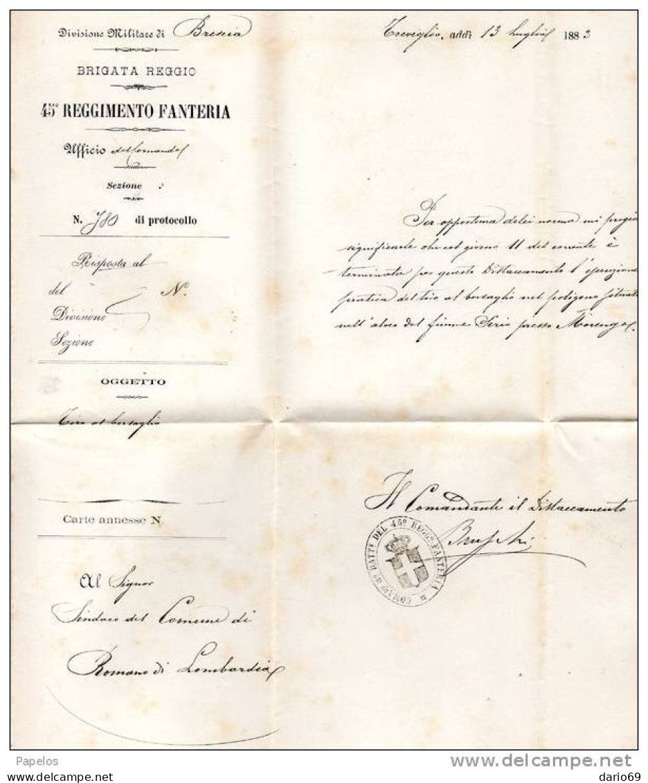 1883  LETTERA CON ANNULLO TREVIGLIO  + ROMANO DI LOMBARDIA - 45° REGGIMENTO FANTERIA BRIGATA  REGGIO - Storia Postale