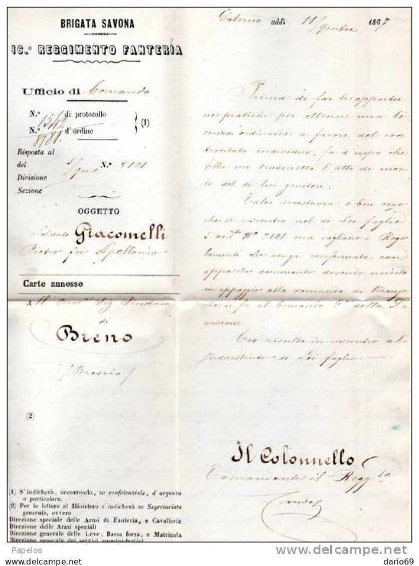 1867 LETTERA CON ANNULLO SALERNO    + 16°  REGGIMENTO FANTERIA BRIGATA SAVONA - Officials