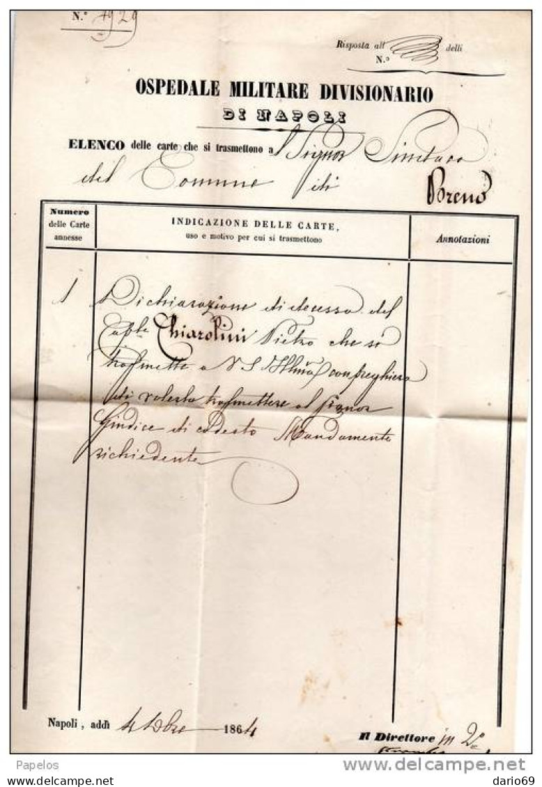 1864  LETTERA CON ANNULLO NAPOLI   +   OSPEDALE MILITARE DIVISIONARIO DI  NAPOLI - Marcophilia