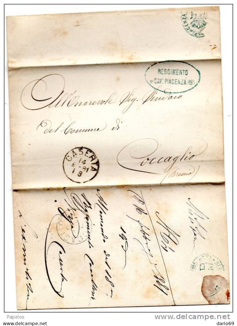 1881 LETTERA CON ANNULLO CASERTA   + 12 REGGIMENTO CAVALLERIA PIACENZA - Dienstmarken