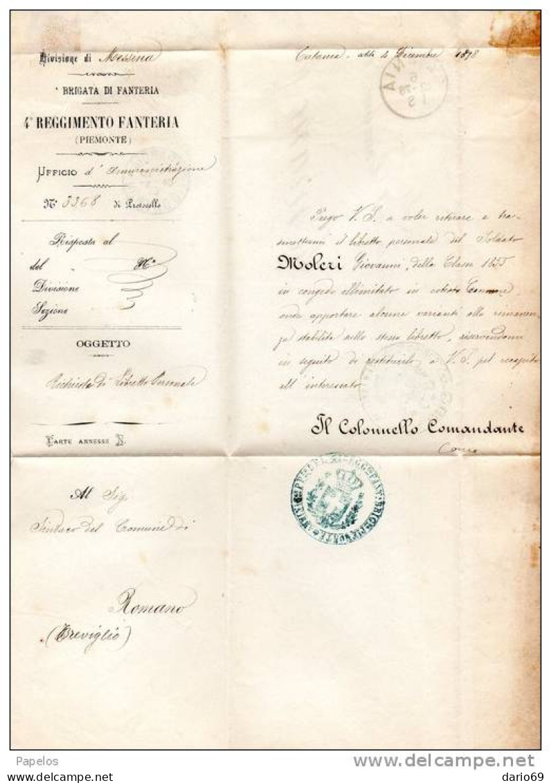 1878 LETTERA CON ANNULLO CATANIA  +  ROMANO DI LOMBARDIA + 4 REGGIMENTO . FANTERIA BRIGATA PIEMONTE - Storia Postale