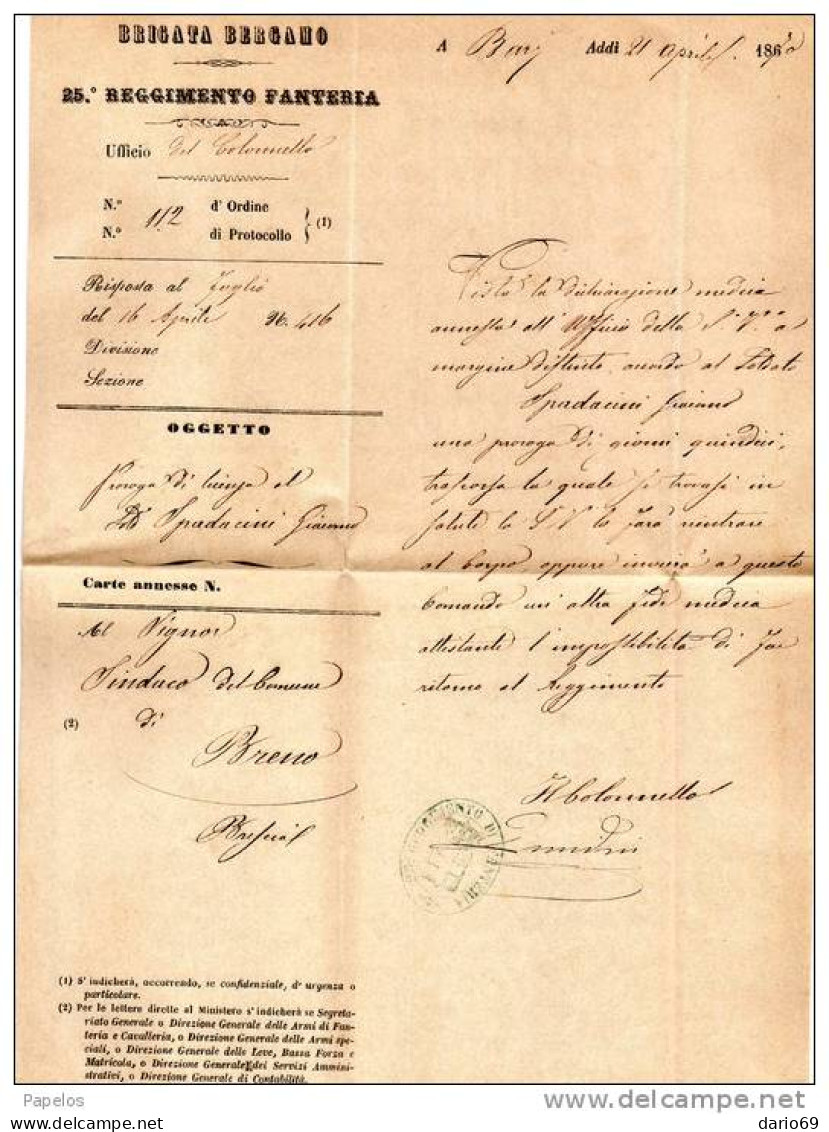 1870 LETTERA CON ANNULLO BARI  X BRENO + 25 REG. FANTERIA BRIGATA BERGAMO - Marcophilia