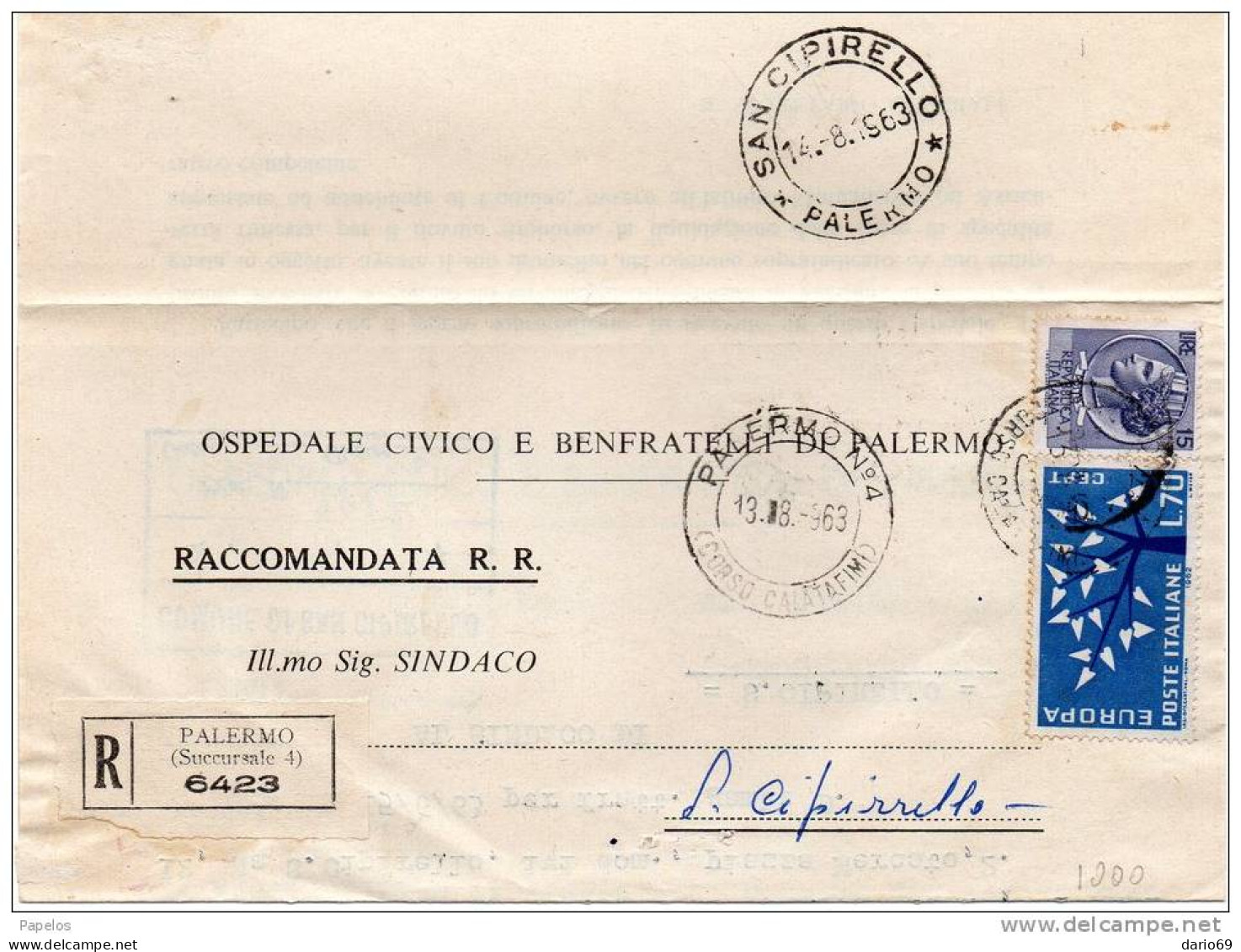 1963 LETTERA RACCOMANDATA CON ANNULLO PALERMO 4 + SAN CIPIRELLO - 1961-70: Marcophilia
