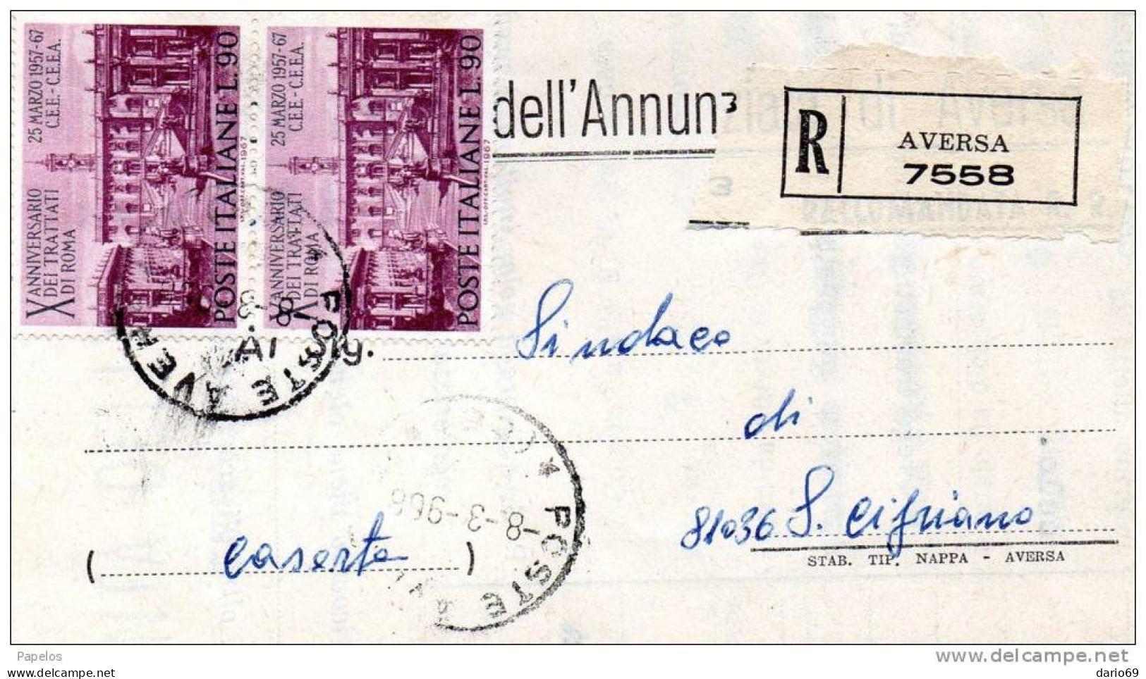 1968 LETTERA RACCOMANDATA CON ANNULLO AVERSA - 1961-70: Marcophilia