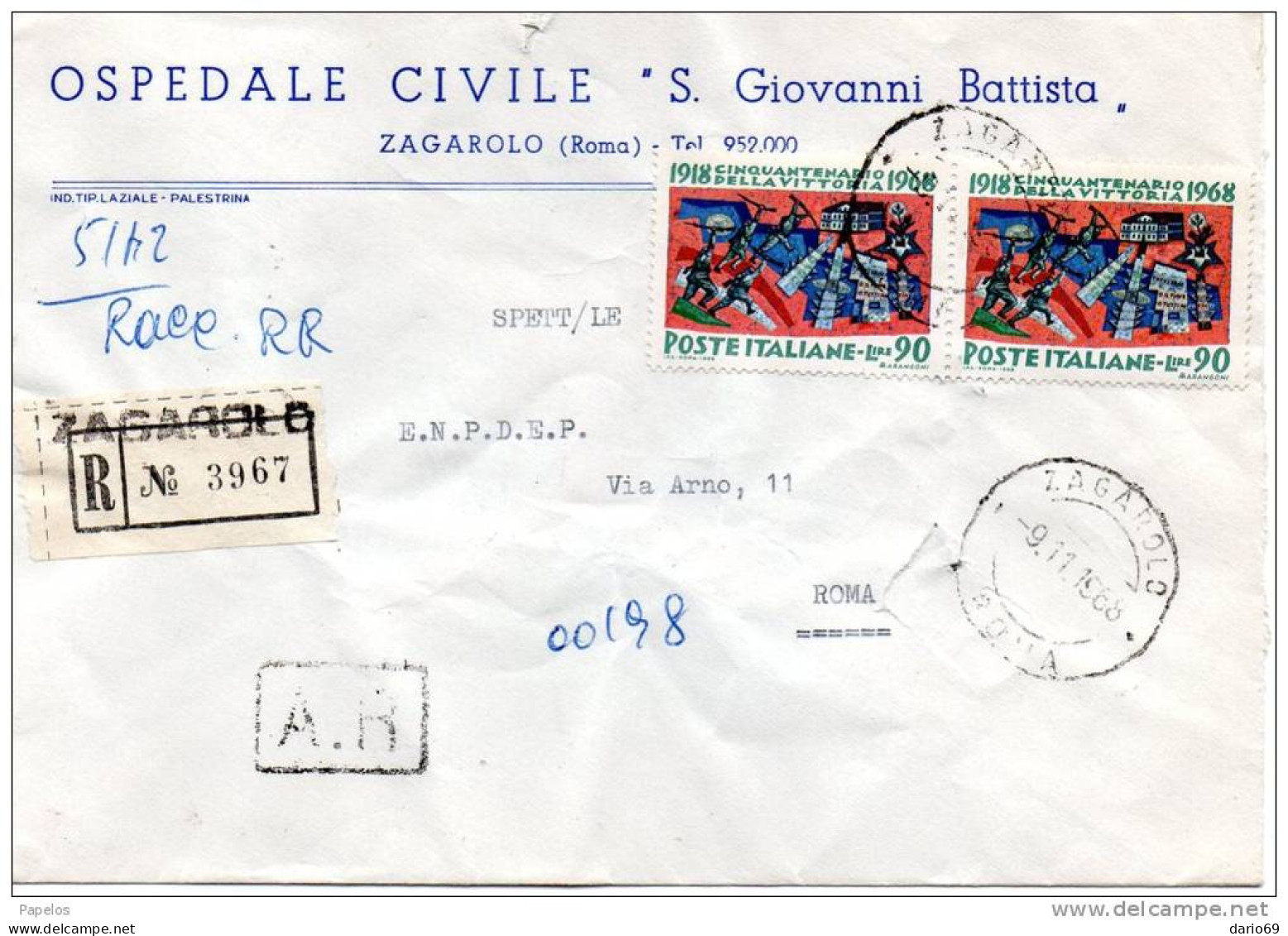 1968 LETTERA RACCOMANDATA CON ANNULLO  ZAGAROLO ROMA - 1961-70: Marcophilie