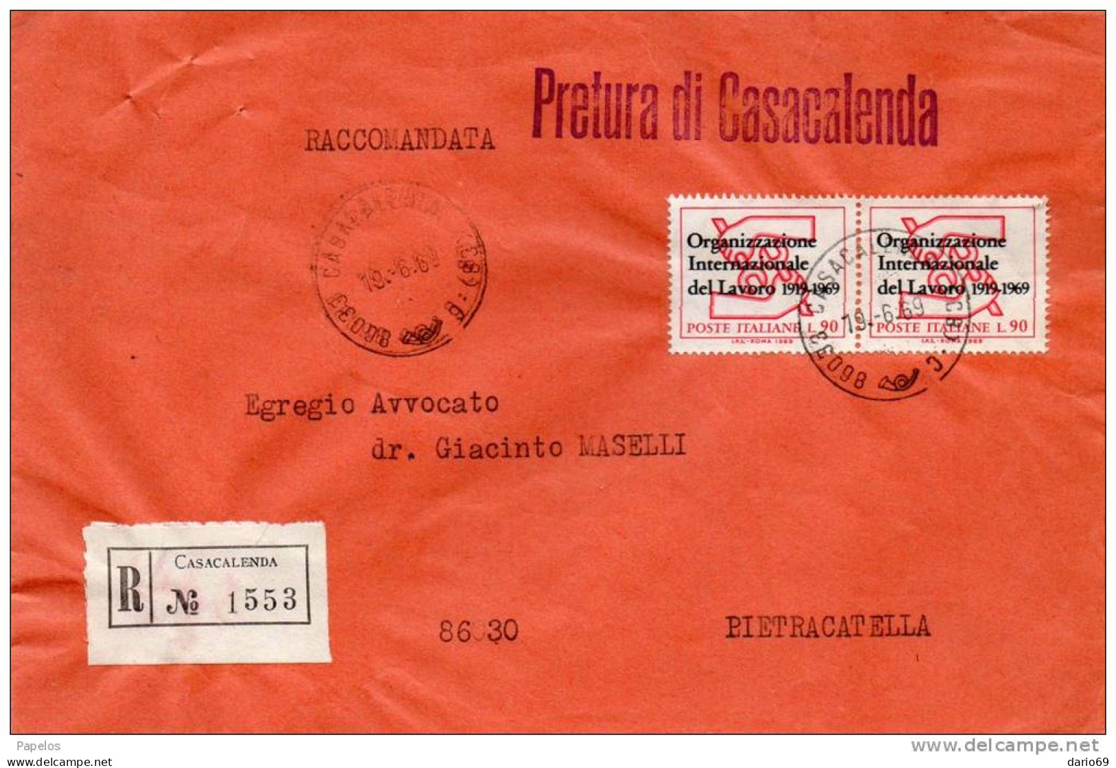 1969  LETTERA RACCOMANDATA CON ANNULLO CASACALENDA CAMPOBASSO - 1961-70: Marcophilia