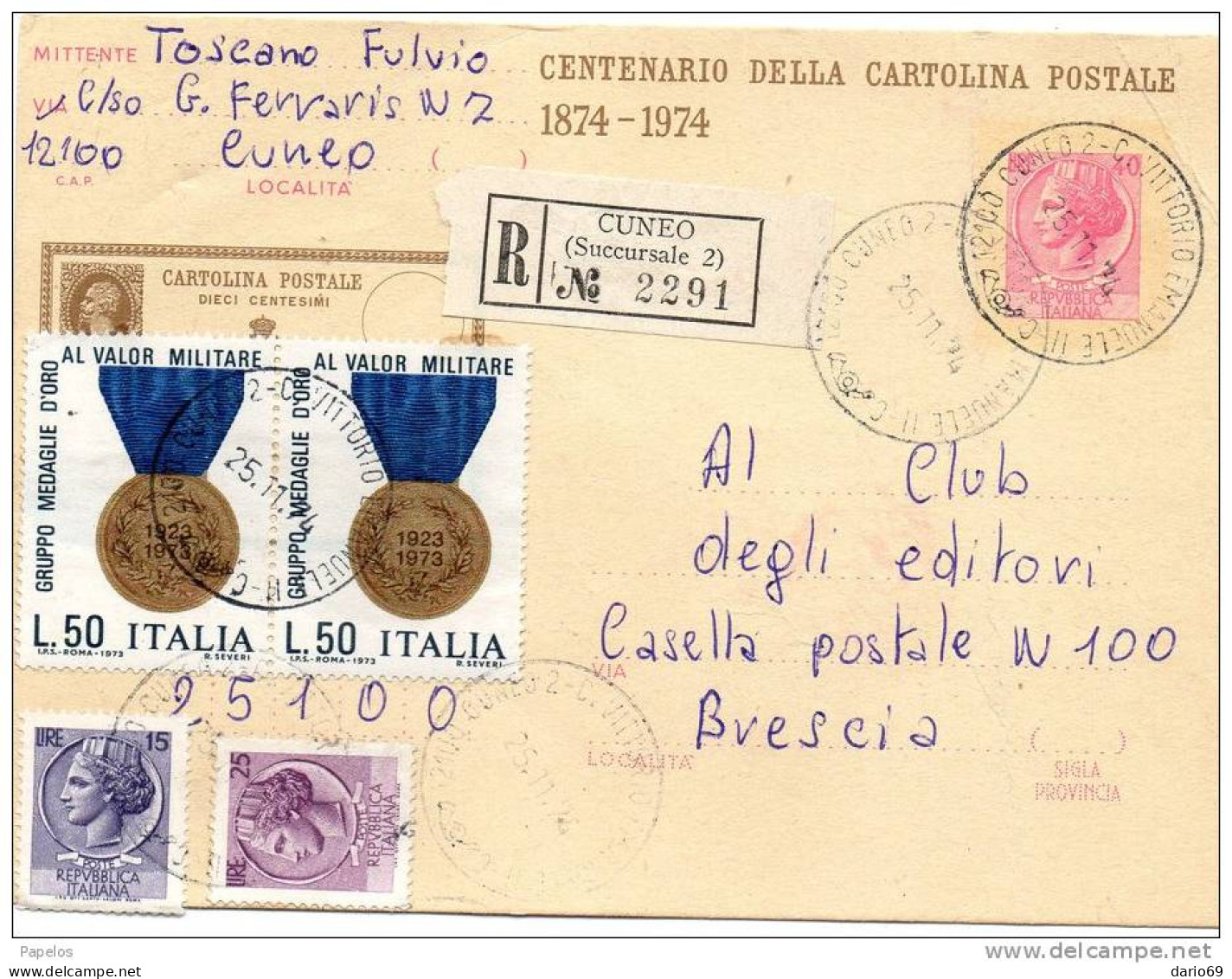 1974 CARTOLINA RACCOMANDATA CON ANNULLO CUNEO 2 - 1971-80: Marcophilia