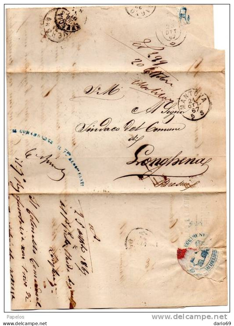 1867  LETTERA  CON ANNULLO MANTOVA  -   7 ° REGGIMENTO FANTERIA BRIGATA  CUNEO - Storia Postale