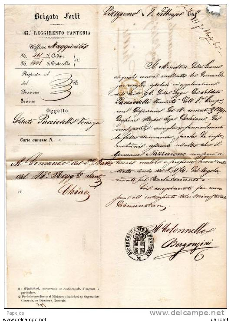 1865  LETTERA  CON ANNULLO BERGAMO BASSA   +  CHIARI   BRESCIA  + 42° REGGIMENTO FANTERIA BRIGATA  FORLI' - Marcophilia