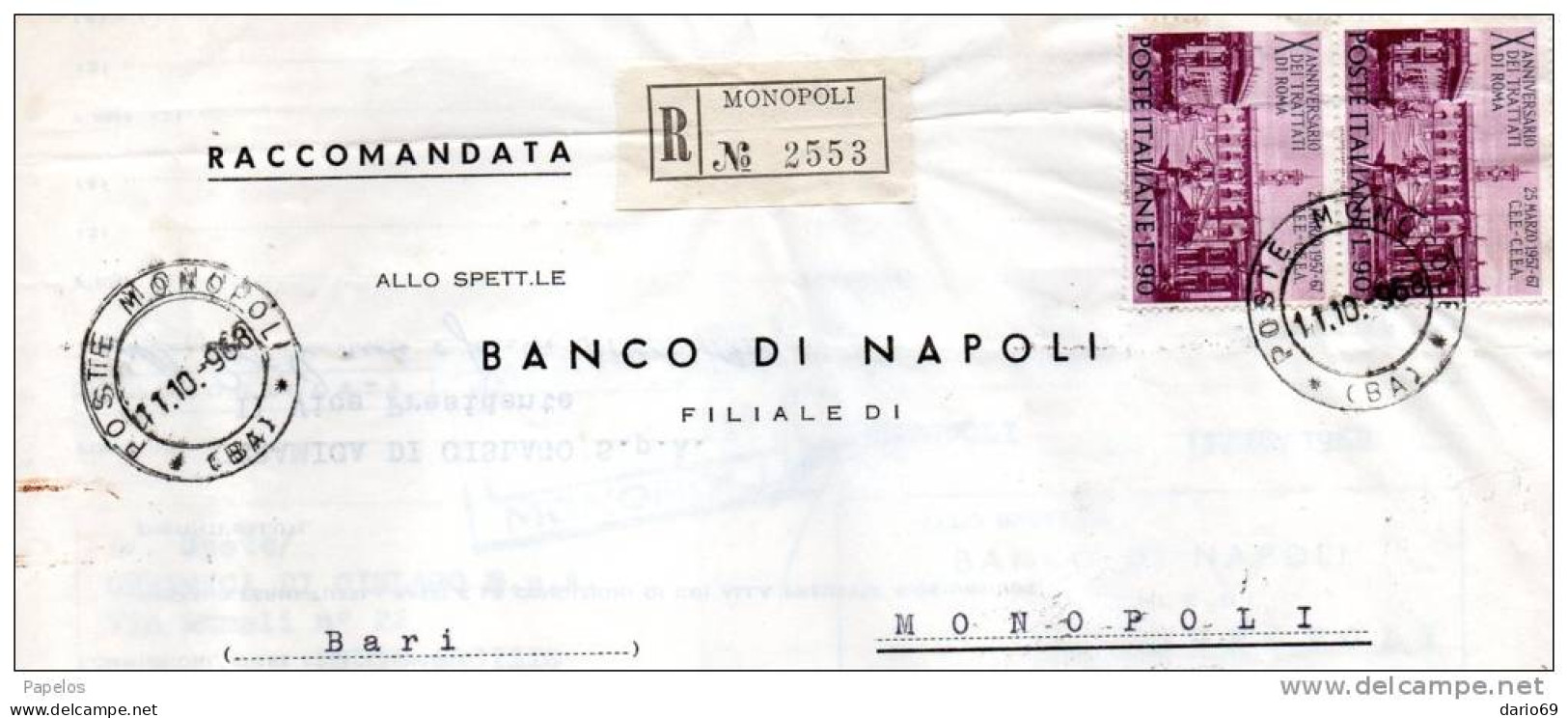 1968 LETTERA RACCOMANDATA  CON ANNULLO MONOPOLI BARI - 1961-70: Poststempel