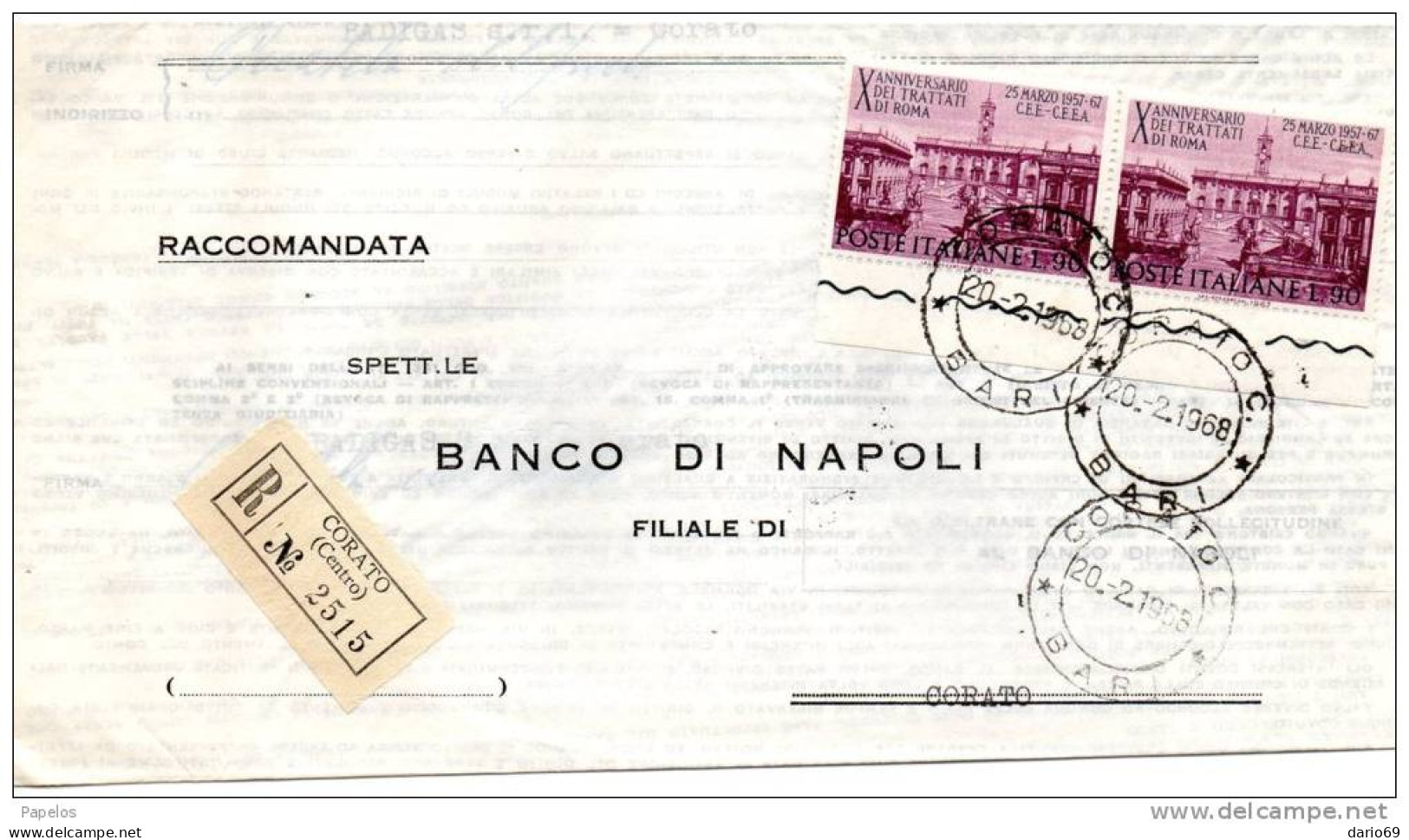 1968 LETTERA RACCOMANDATA  CON ANNULLO CORATO  BARI - 1961-70: Marcofilie