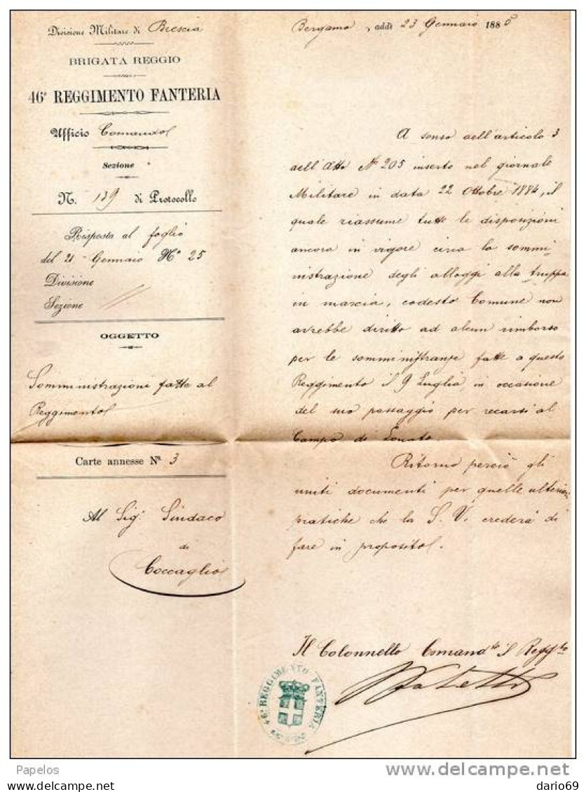 1885 LETTERA CON ANNULLO BERGAMO     +  46° REGGIMENTO FANTERIA  BRIGATA REGGIO - Storia Postale