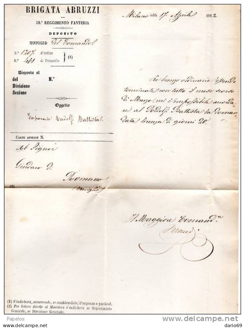 1862 LETTERA CON ANNULLO MILANO   + IL COMANDANTE DEL 58° REGGIMENTO FANTERIA BRIGATA ABRUZZI - Marcophilie